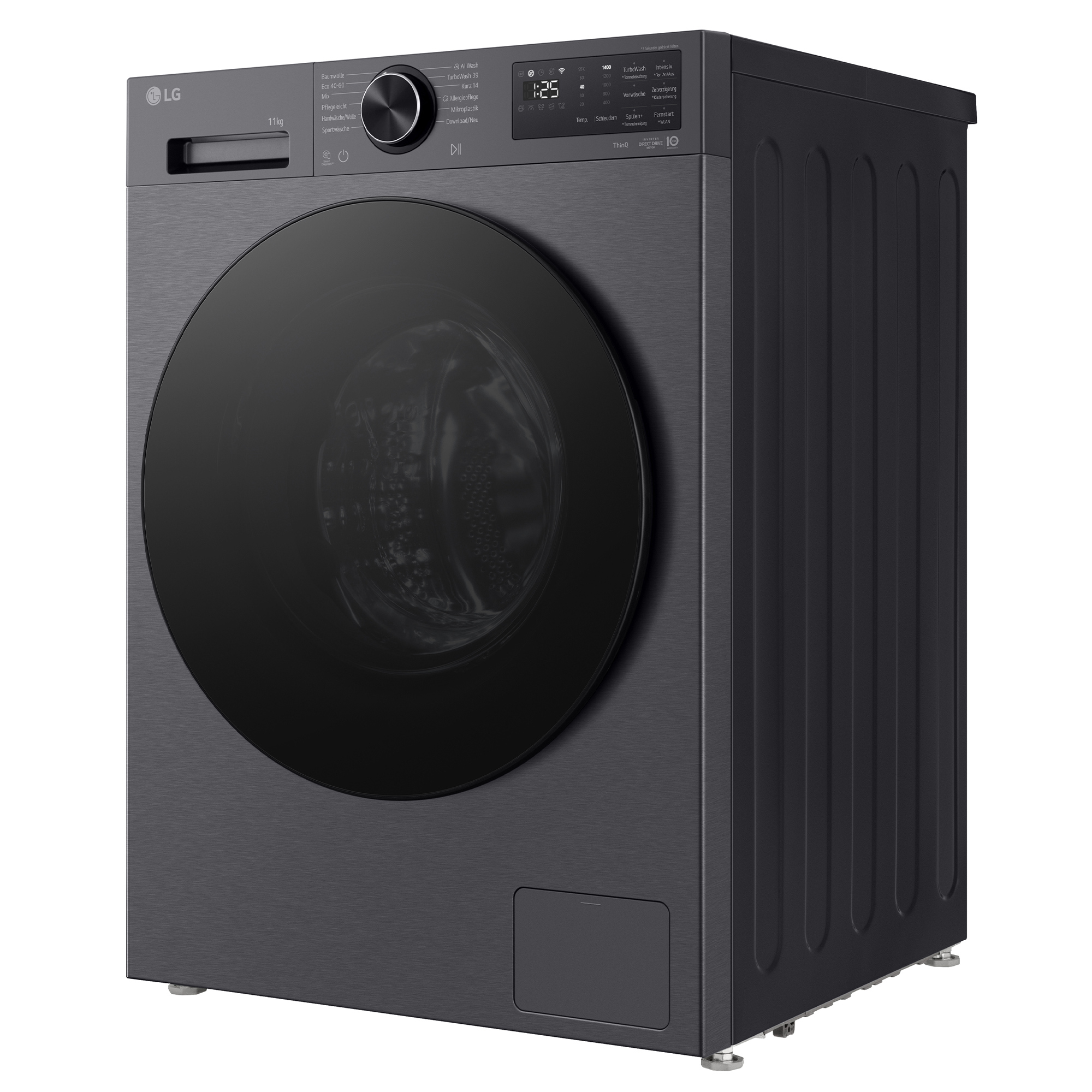 Eine dunkle LG Waschmaschine mit einem großen schwarzen Bullauge und digitalem Bedienfeld.