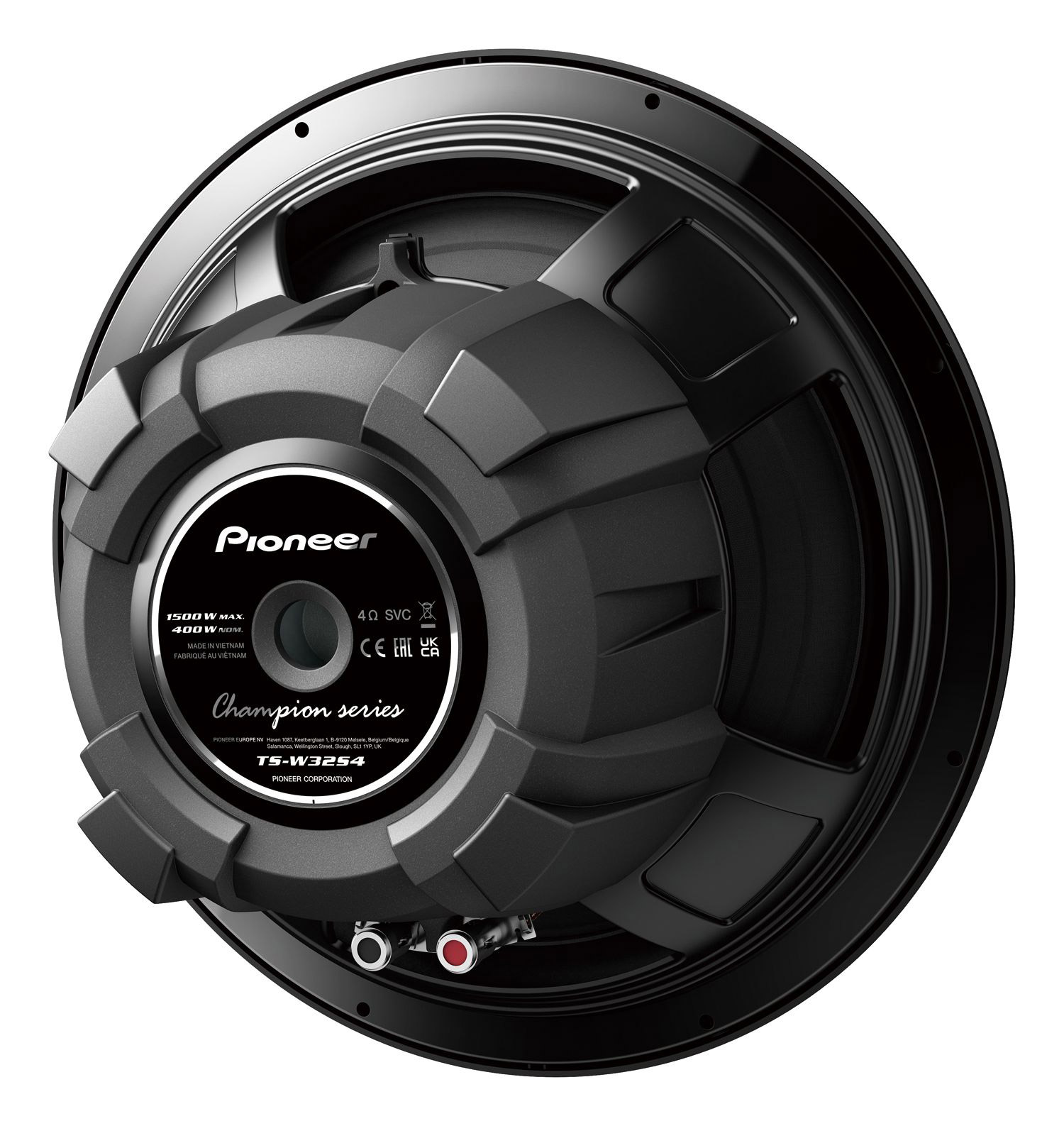 Pioneer Subwoofer TS-W3254 mit 1500W max. Leistung. Schwarzes Design mit silbernem Rand.