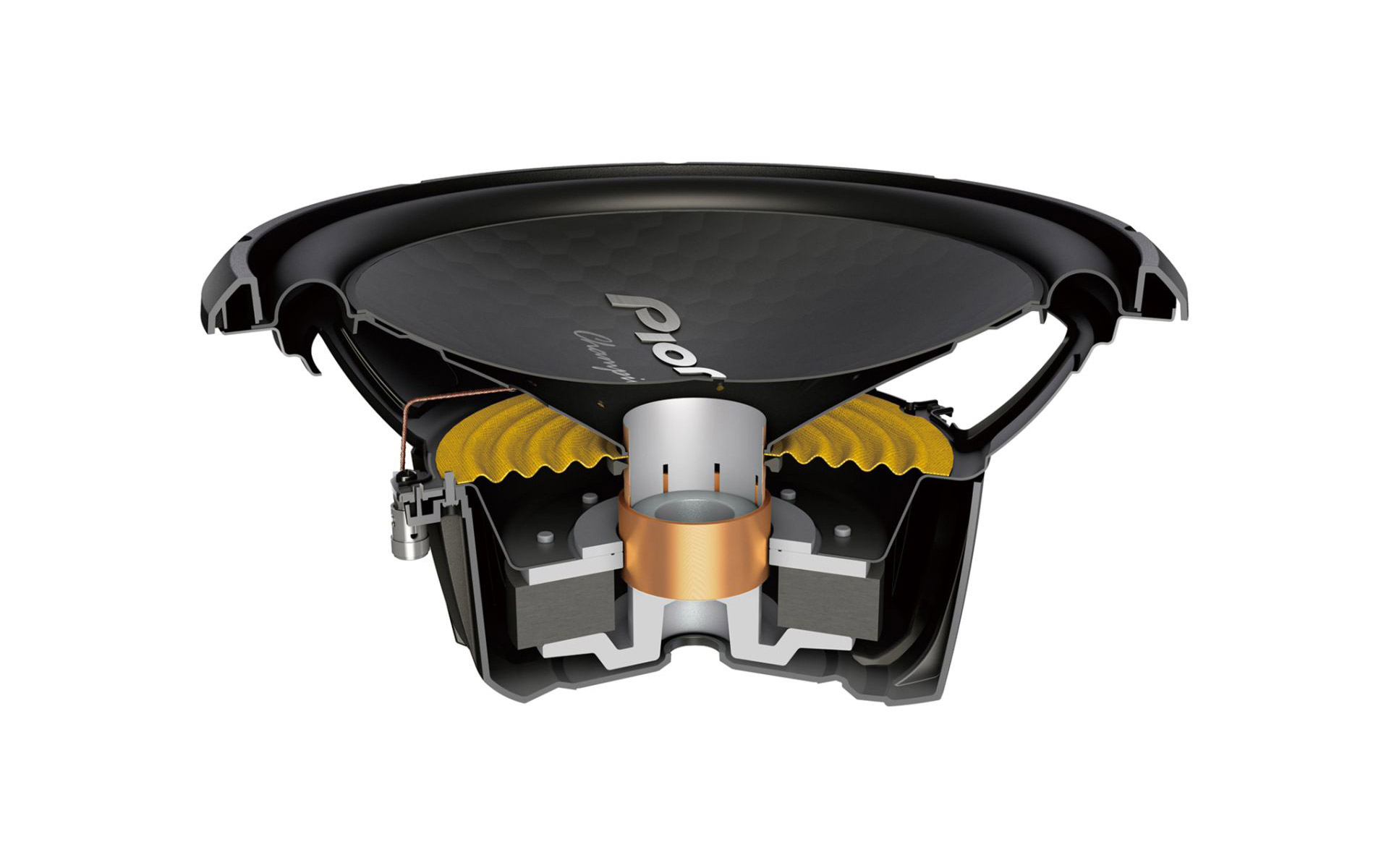 Schnittansicht eines schwarzen Subwoofers mit gelber Membran und Kupferdetails.