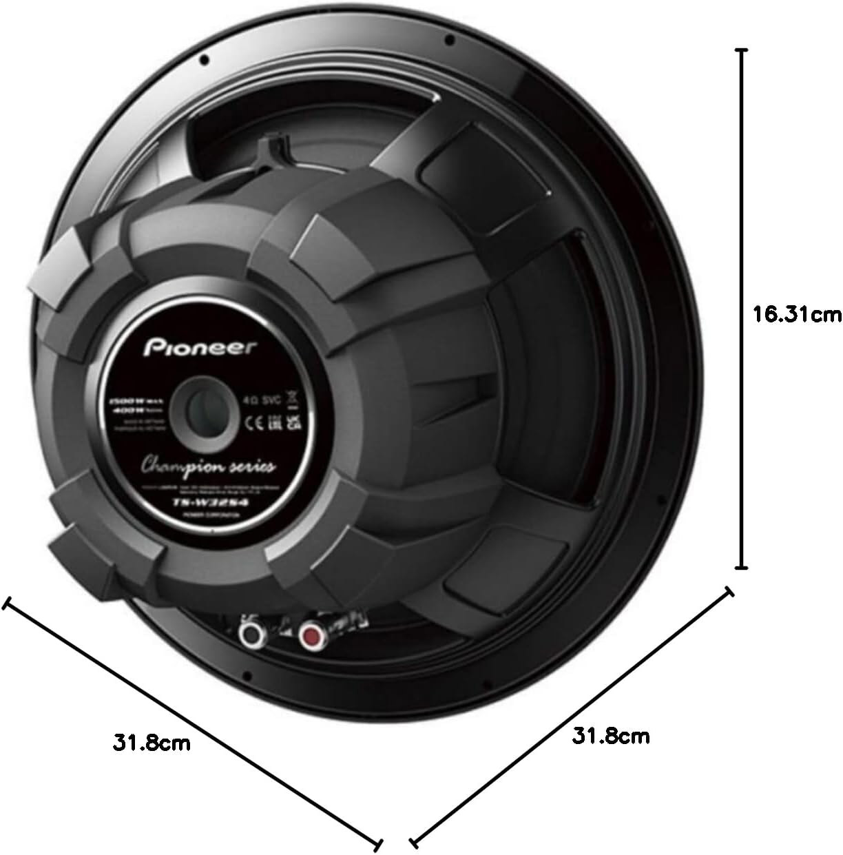 Schwarzer Pioneer Subwoofer, 31,8 cm Durchmesser, 16,31 cm Höhe.