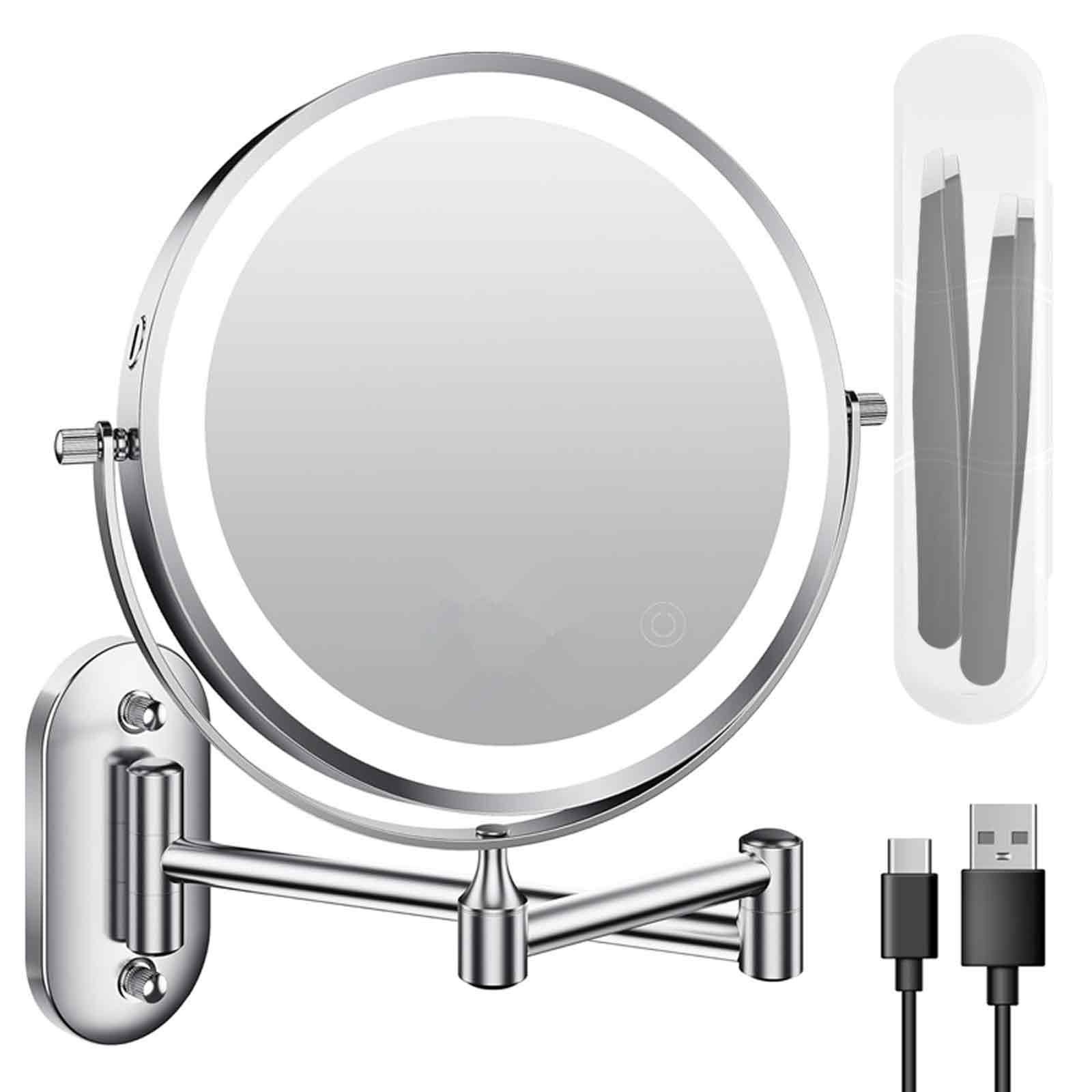 Ein runder Wandspiegel mit LED-Beleuchtung, Pinzette und USB-Kabel.