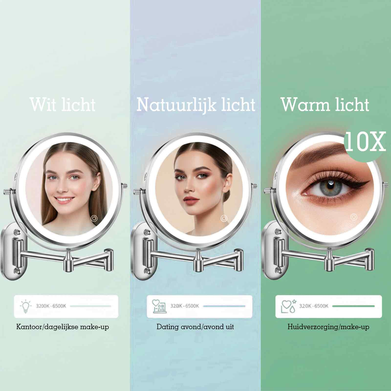Drei beleuchtete Schminkspiegel mit unterschiedlichem Licht: weiß, natürlich, warm. 10x Vergrößerung.