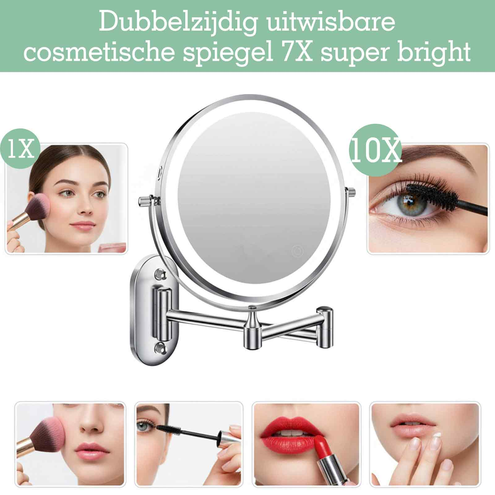 Ein beleuchteter Kosmetikspiegel mit 1X und 10X Vergrößerung zeigt Make-up-Anwendungen.