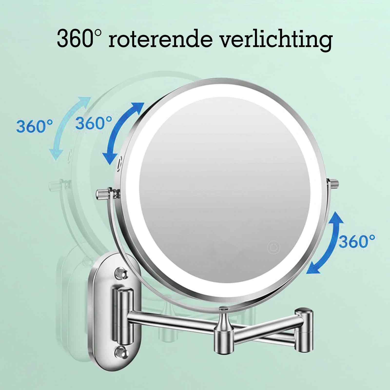 Ein runder Schminkspiegel mit LED-Beleuchtung und schwenkbarem Arm.