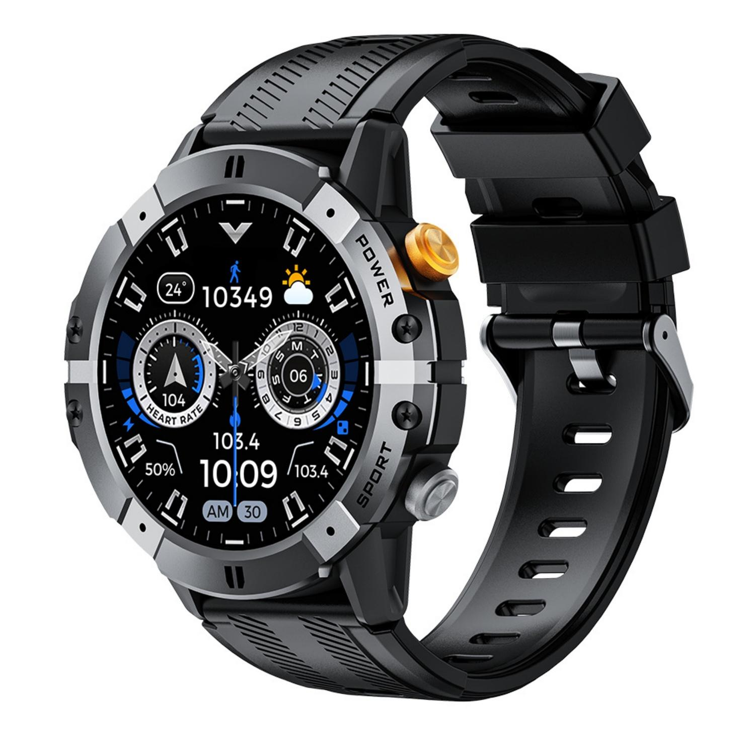 Schwarze Smartwatch mit silbernem Gehäuse und Sportarmband, zeigt Uhrzeit, Herzfrequenz, Schritte.