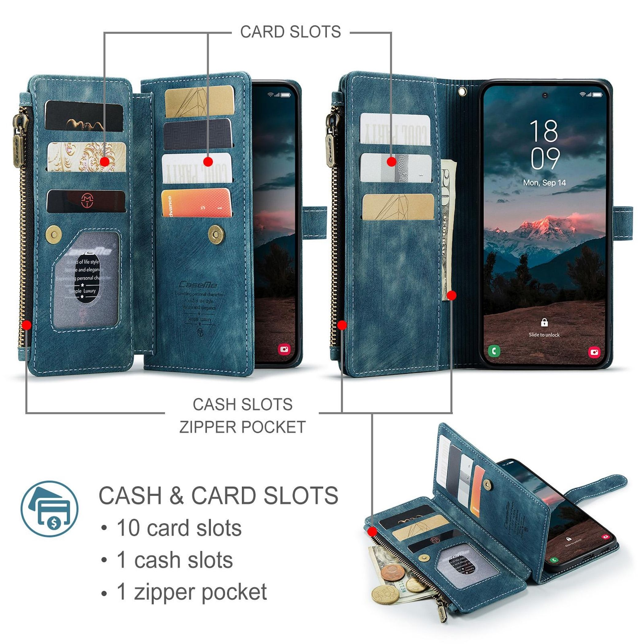 Blauer Leder-Wallet-Ständer mit Handy, Kartenfächern und Reißverschlusstasche.