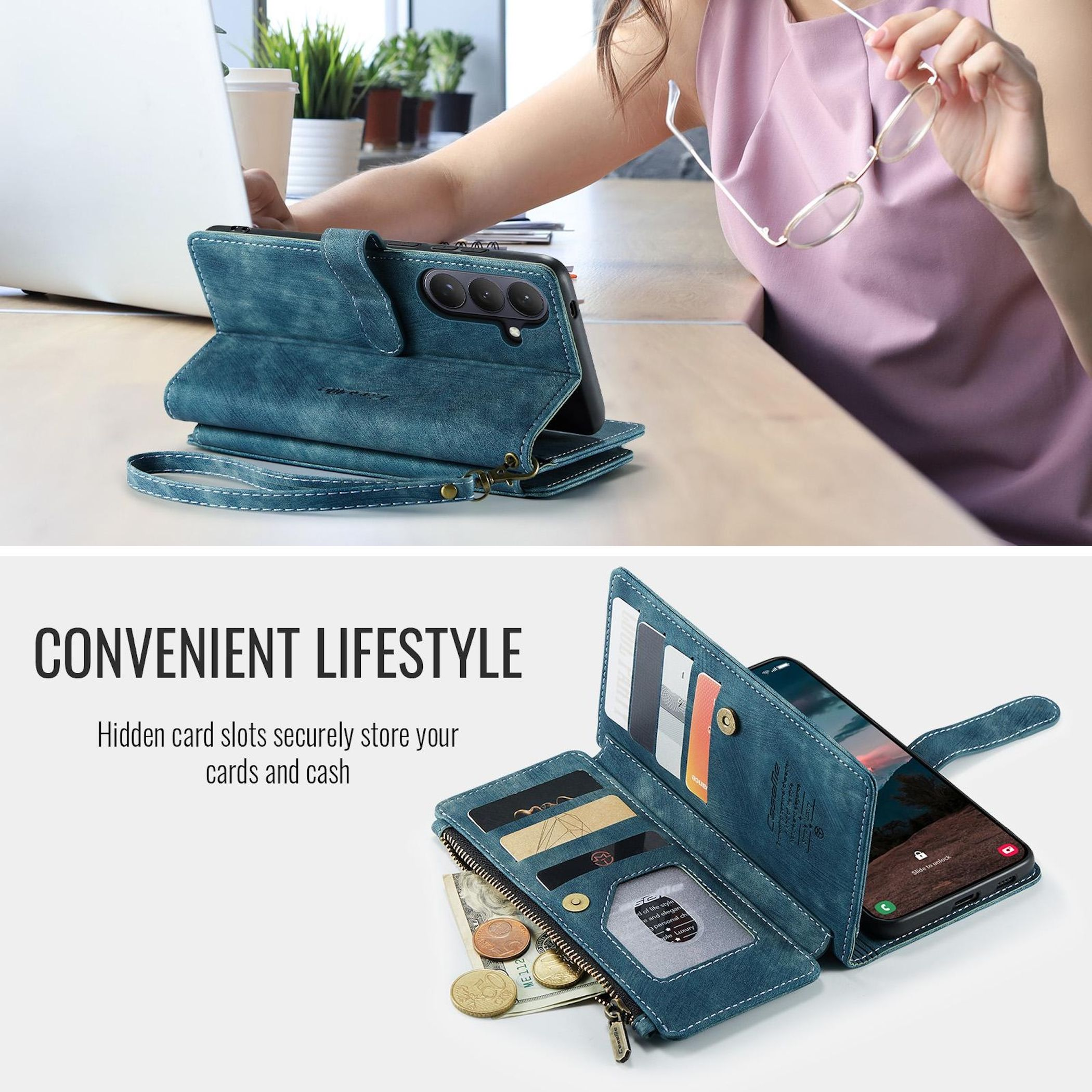 Eine tealfarbene Brieftaschenhülle für ein Telefon wird geöffnet gezeigt, mit Karten, Bargeld und Münzen.