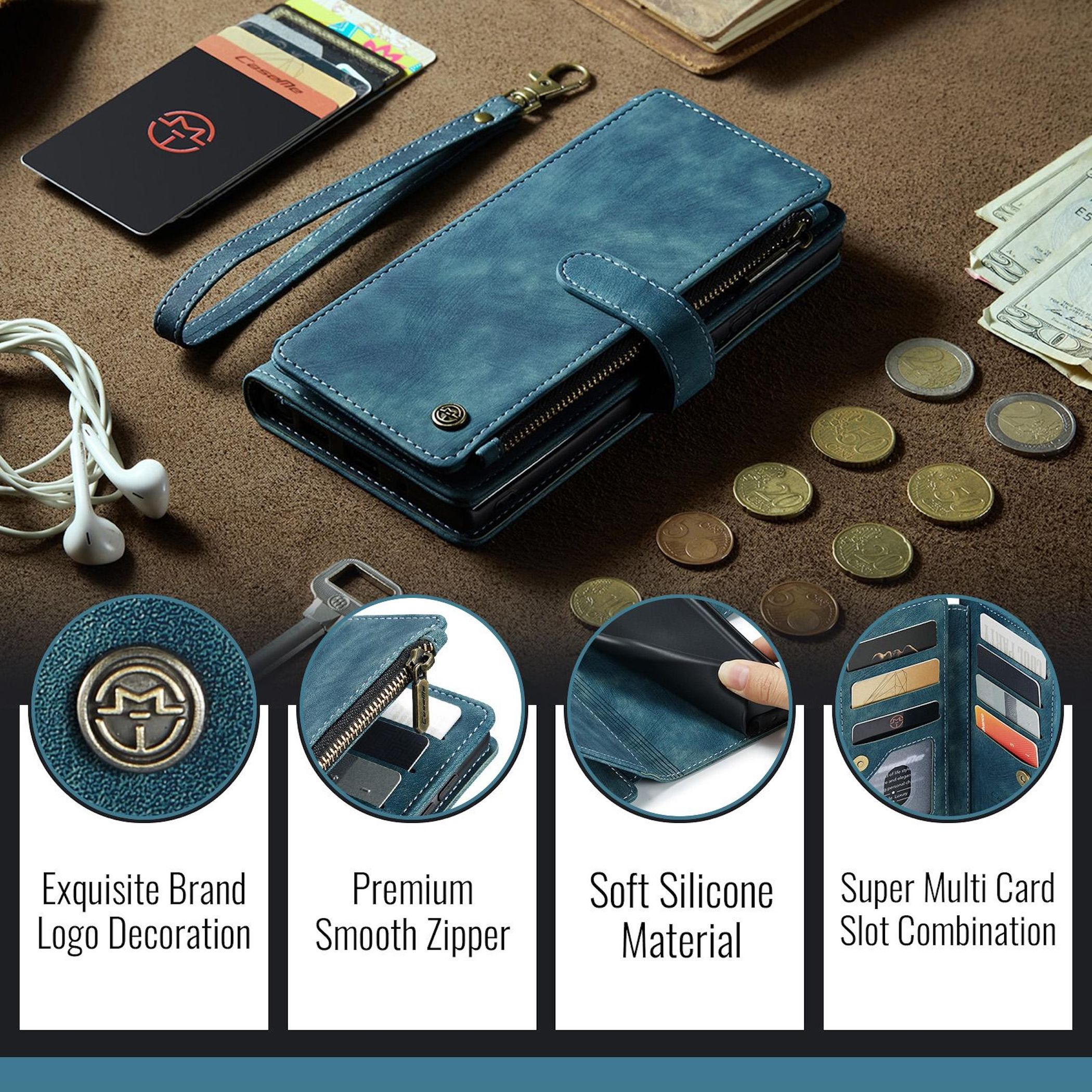 Blaues Wallet-Etui mit Karten, Geld, Kopfhörern und Münzen.