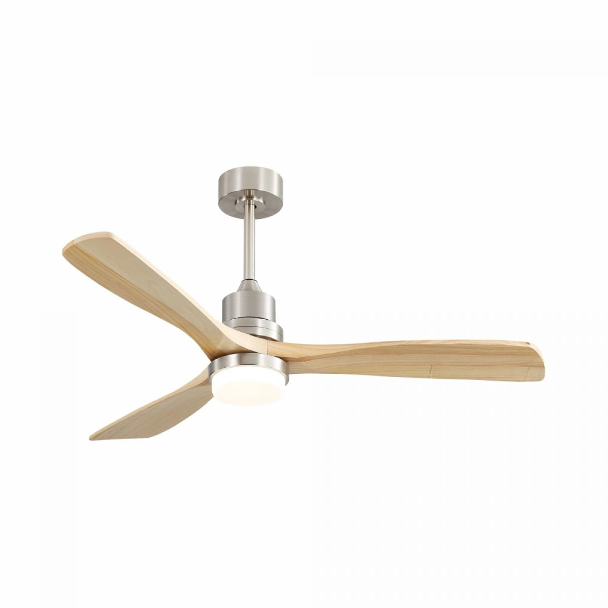 Ein Deckenventilator mit drei Holzblättern und einer runden LED-Leuchte.