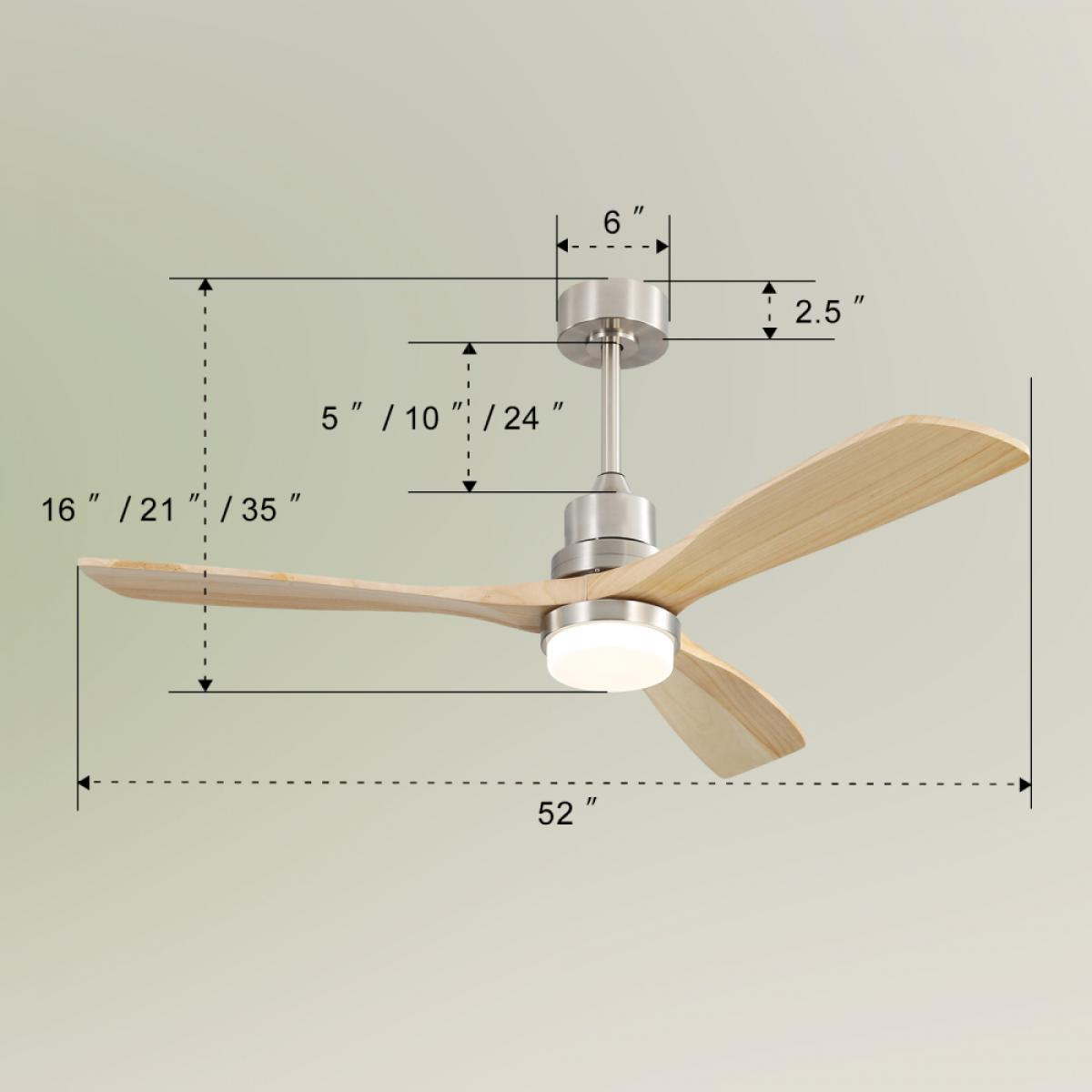 Deckenventilator mit Holzblättern und integrierter LED-Beleuchtung, Maße angegeben.