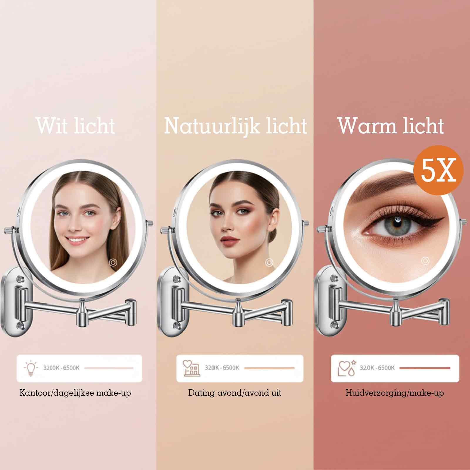 Drei beleuchtete Kosmetikspiegel zeigen Frauen mit unterschiedlichen Lichteffekten.