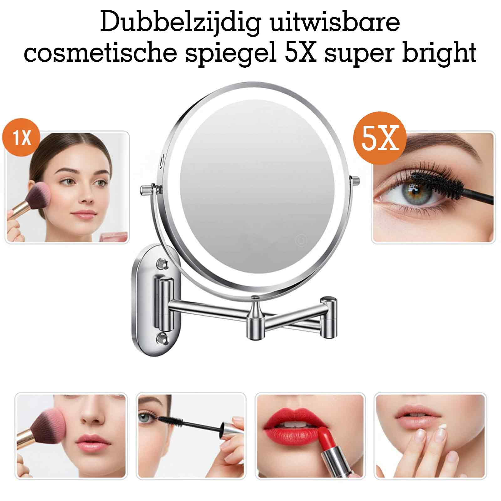 Vergrößerungsspiegel mit LED-Beleuchtung, zeigt Make-up-Anwendungen.