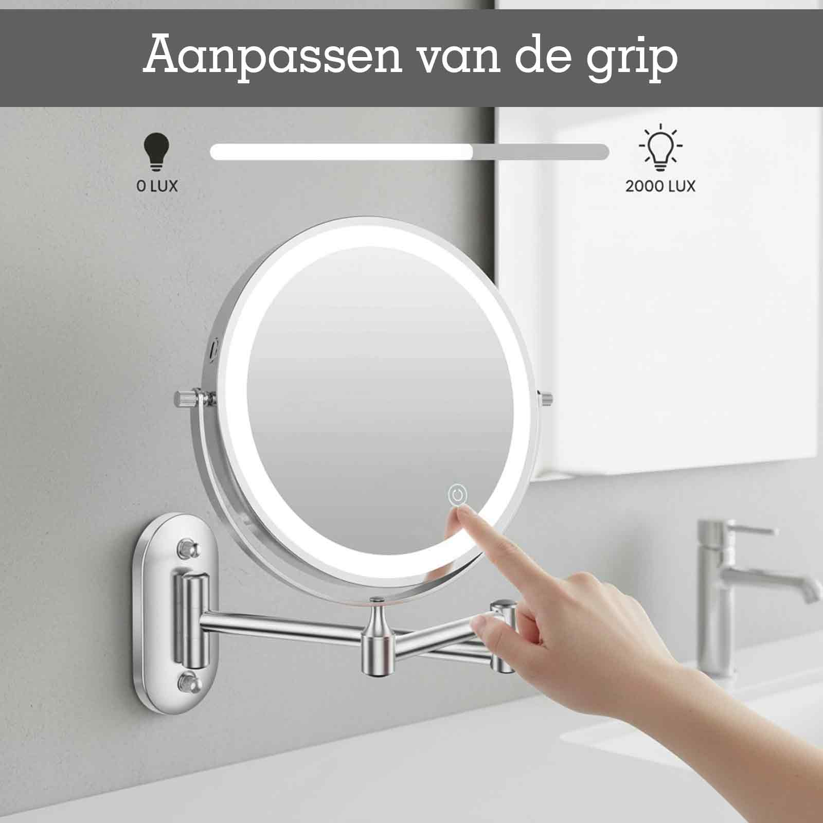 Ein Finger berührt einen runden Spiegel mit LED-Beleuchtung an einem Schwenkarm.
