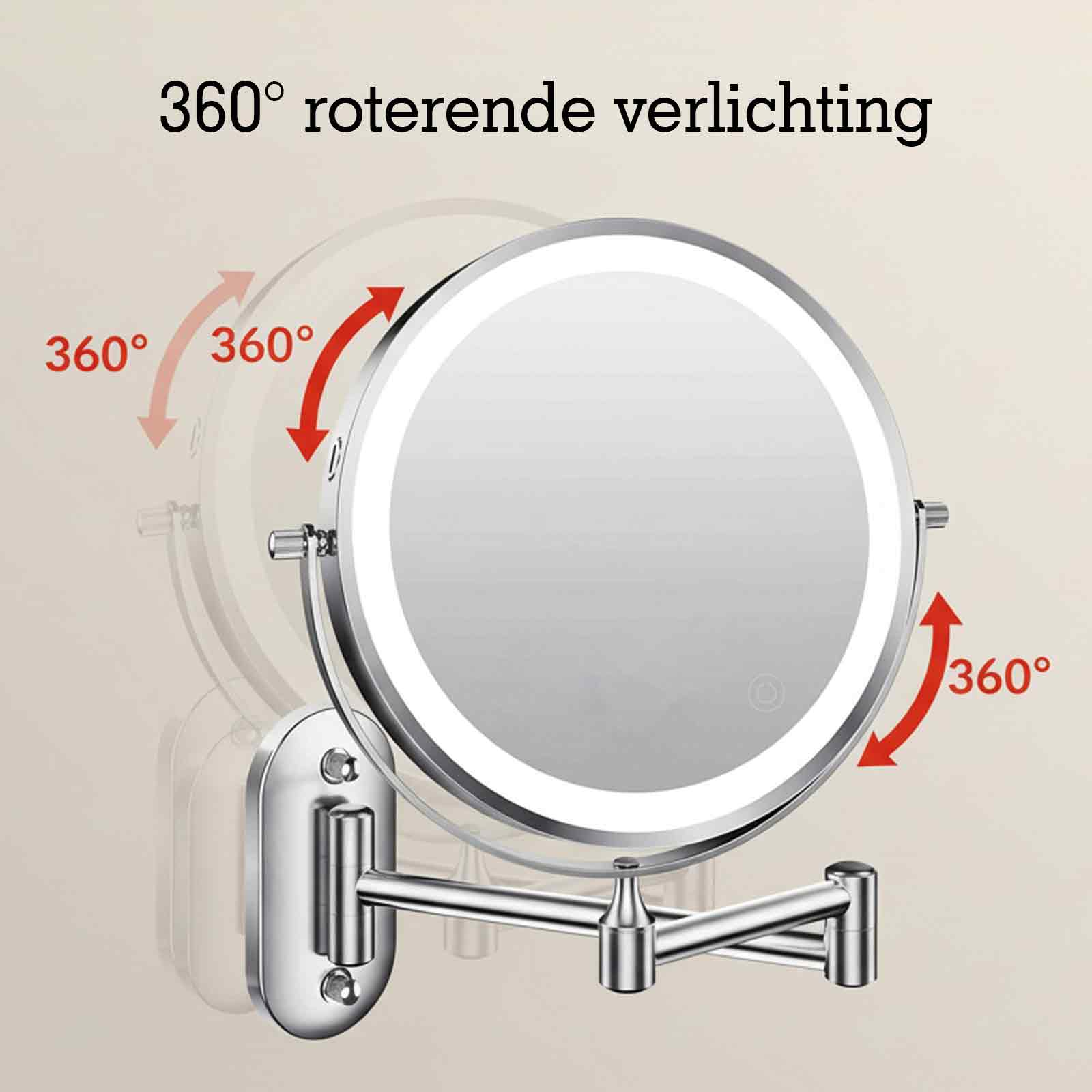 Ein runder Spiegel mit Beleuchtung an einem schwenkbaren Arm, der 360 Grad dreht.