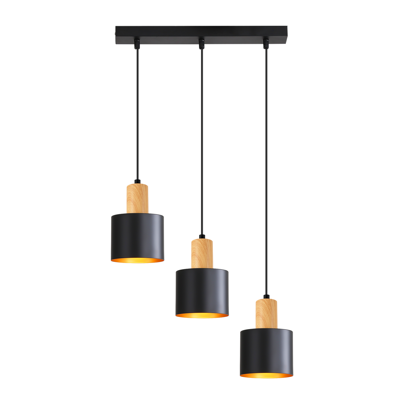 Lampada a sospensione tripla con cilindri neri e dettagli in legno.