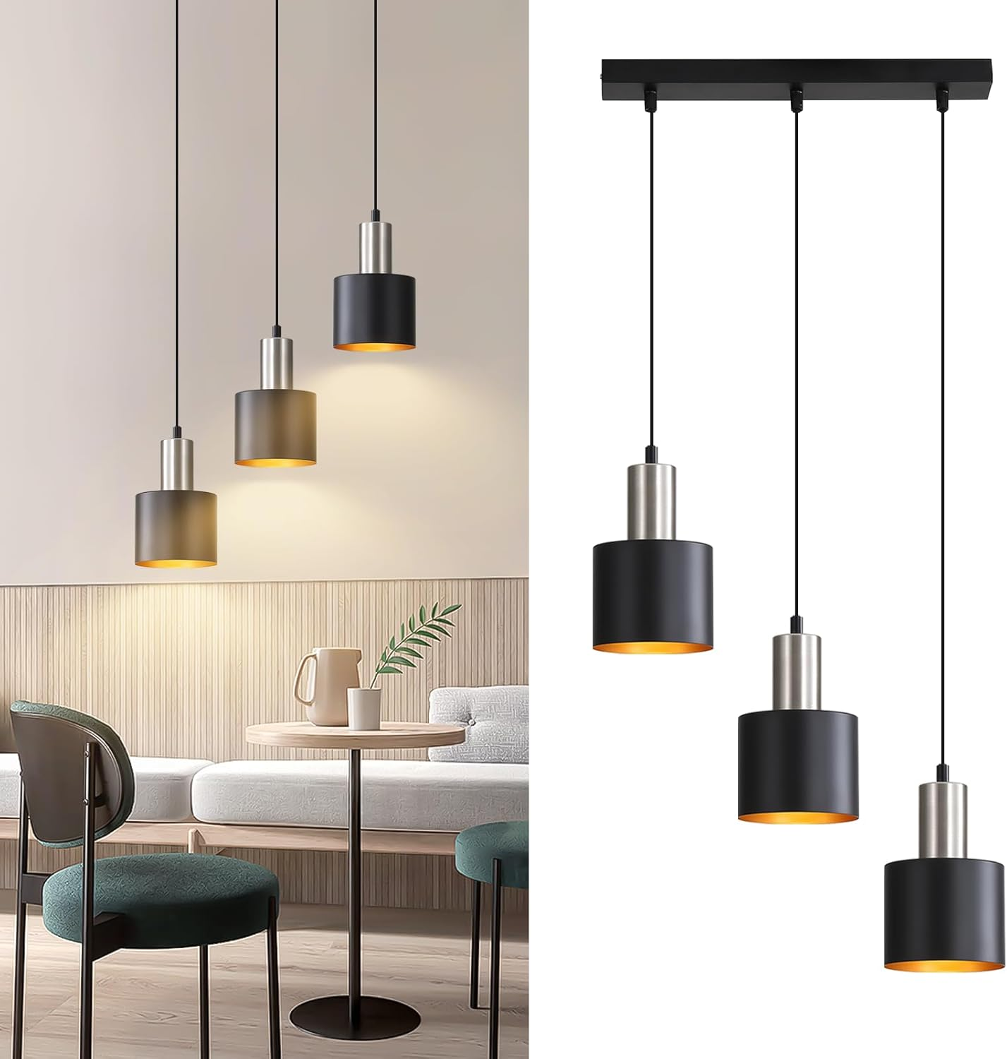 Tre lampade a sospensione con cilindri neri e cime argentate, design moderno.