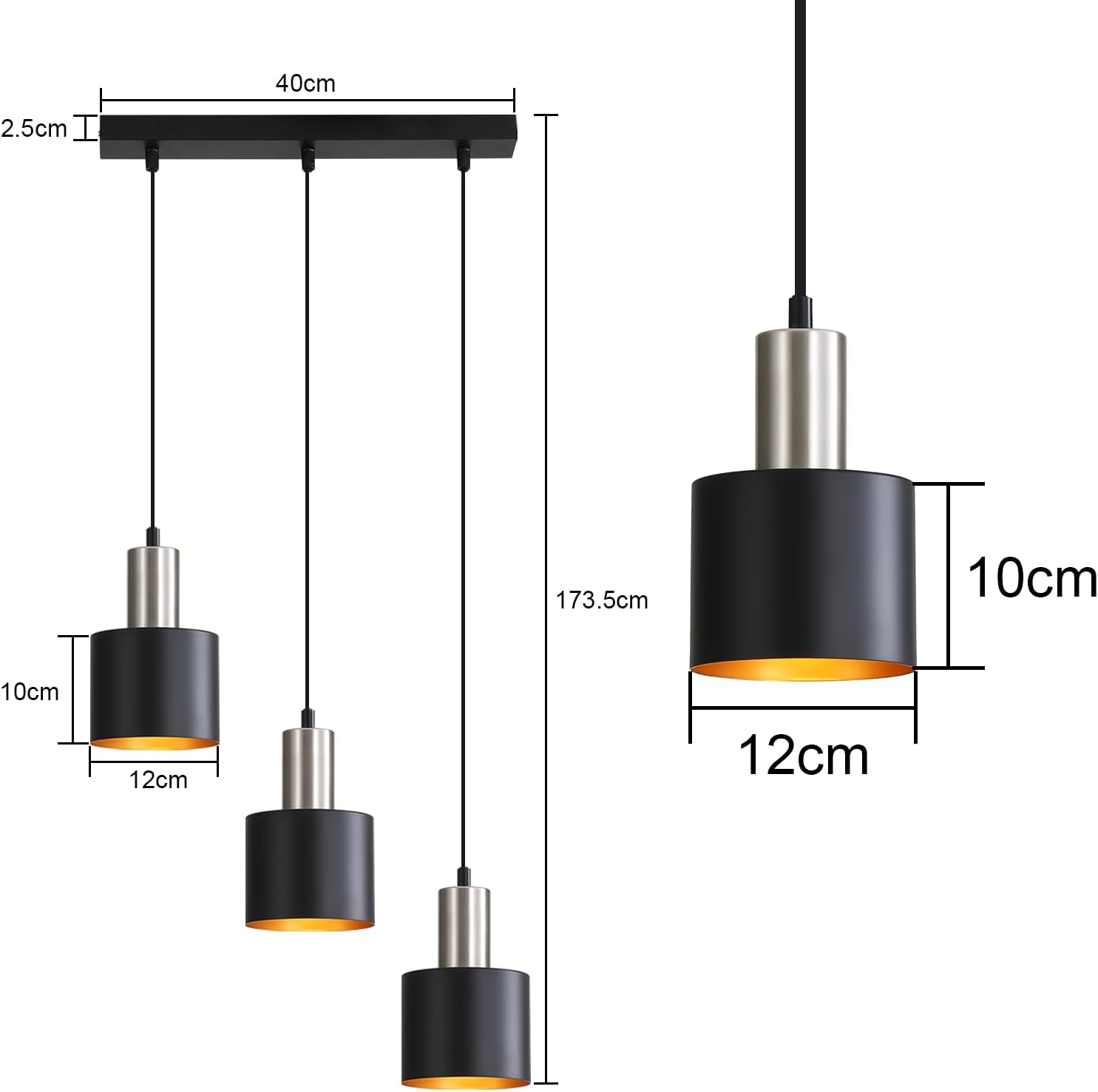 Lampada a sospensione nera a tre luci con accenti argentati e interni dorati.