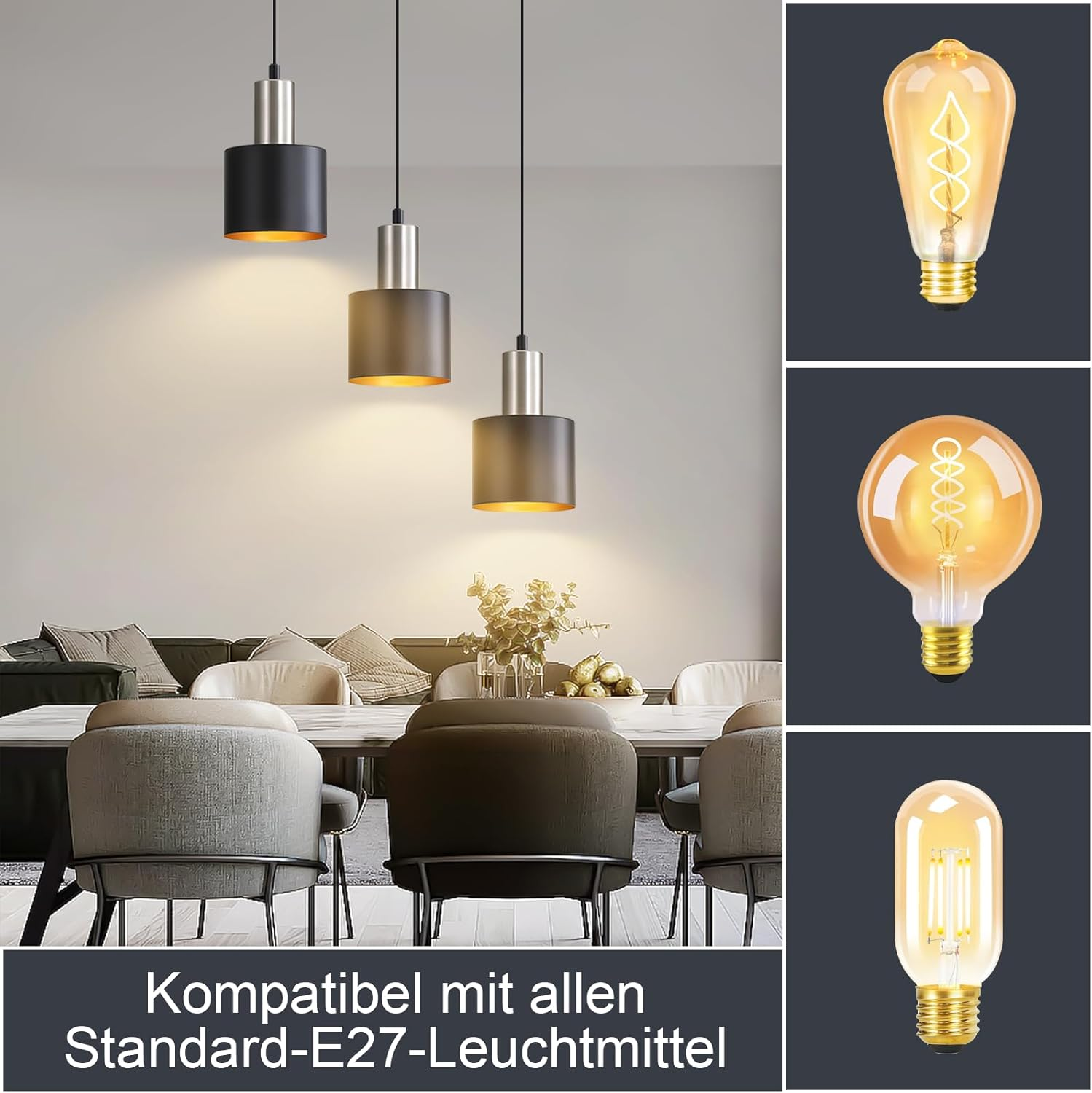 Tre lampade a sospensione sopra tavolo da pranzo con sedie. Tre lampadine accanto.
