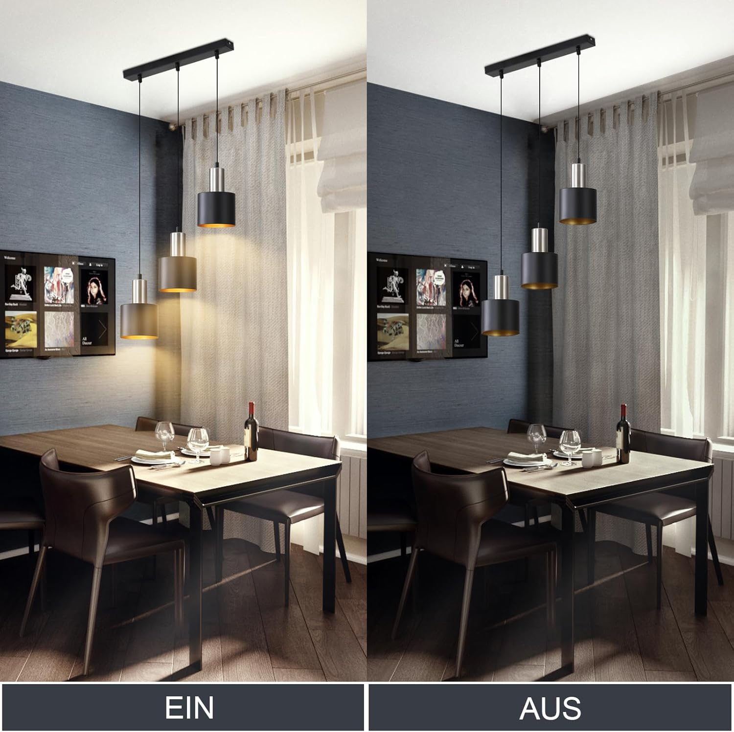 Sala da pranzo con tavolo, sedie e lampade a sospensione, ON/OFF.