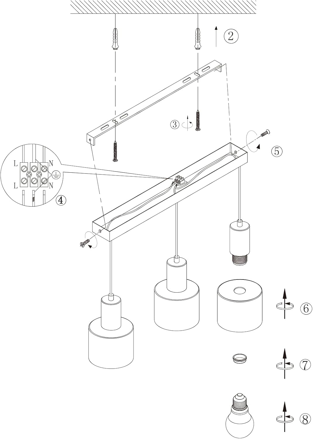 Schema di montaggio per una lampada a sospensione tripla.