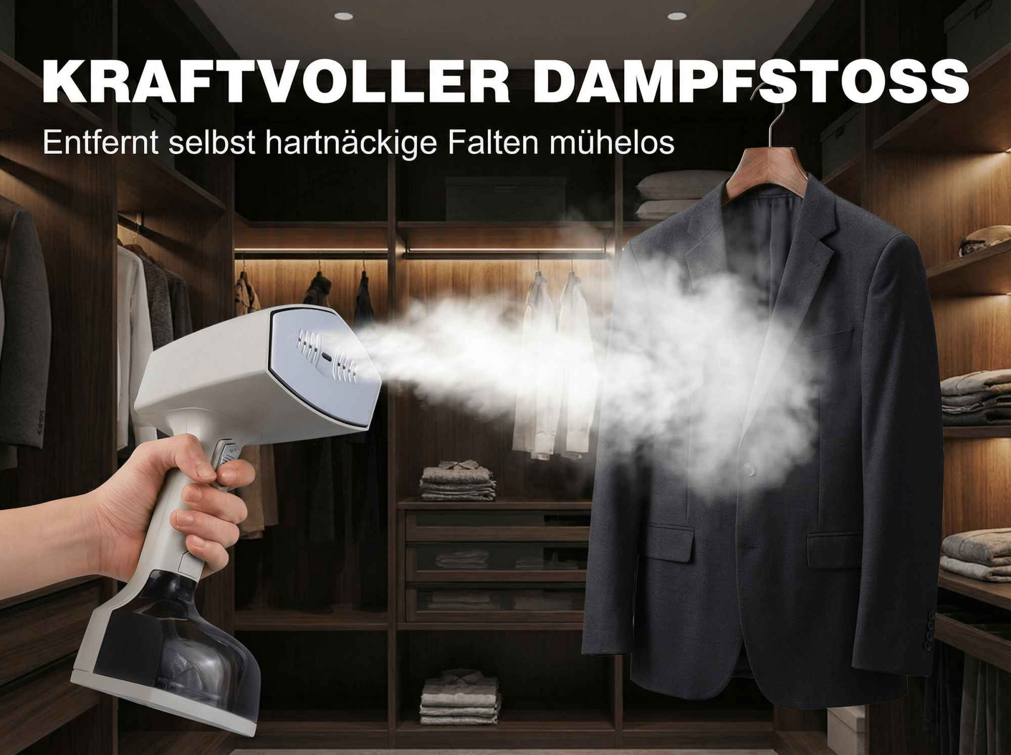 Ein Handdampfer richtet Dampf auf einen dunklen Anzug in einem begehbaren Kleiderschrank.