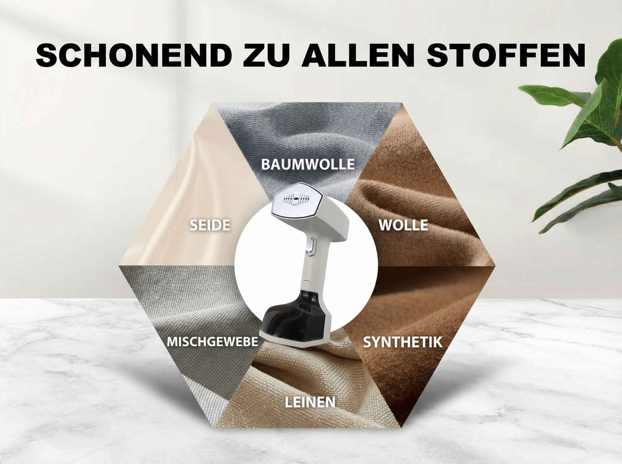 Handdampfer mit Stoffen: Seide, Baumwolle, Wolle, Synthetik, Leinen, Mischgewebe.