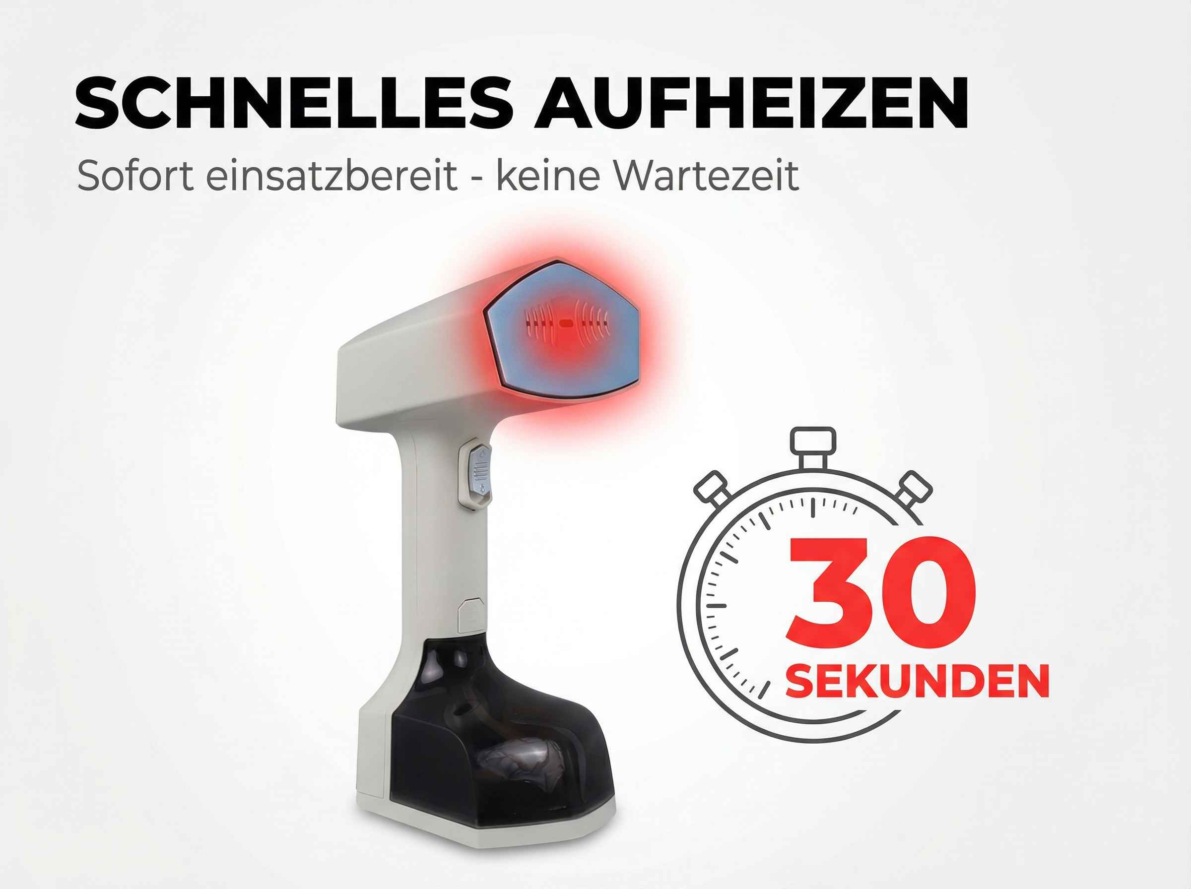 Ein Dampfglätter mit rotem Glühen und einem 30-Sekunden-Timer.