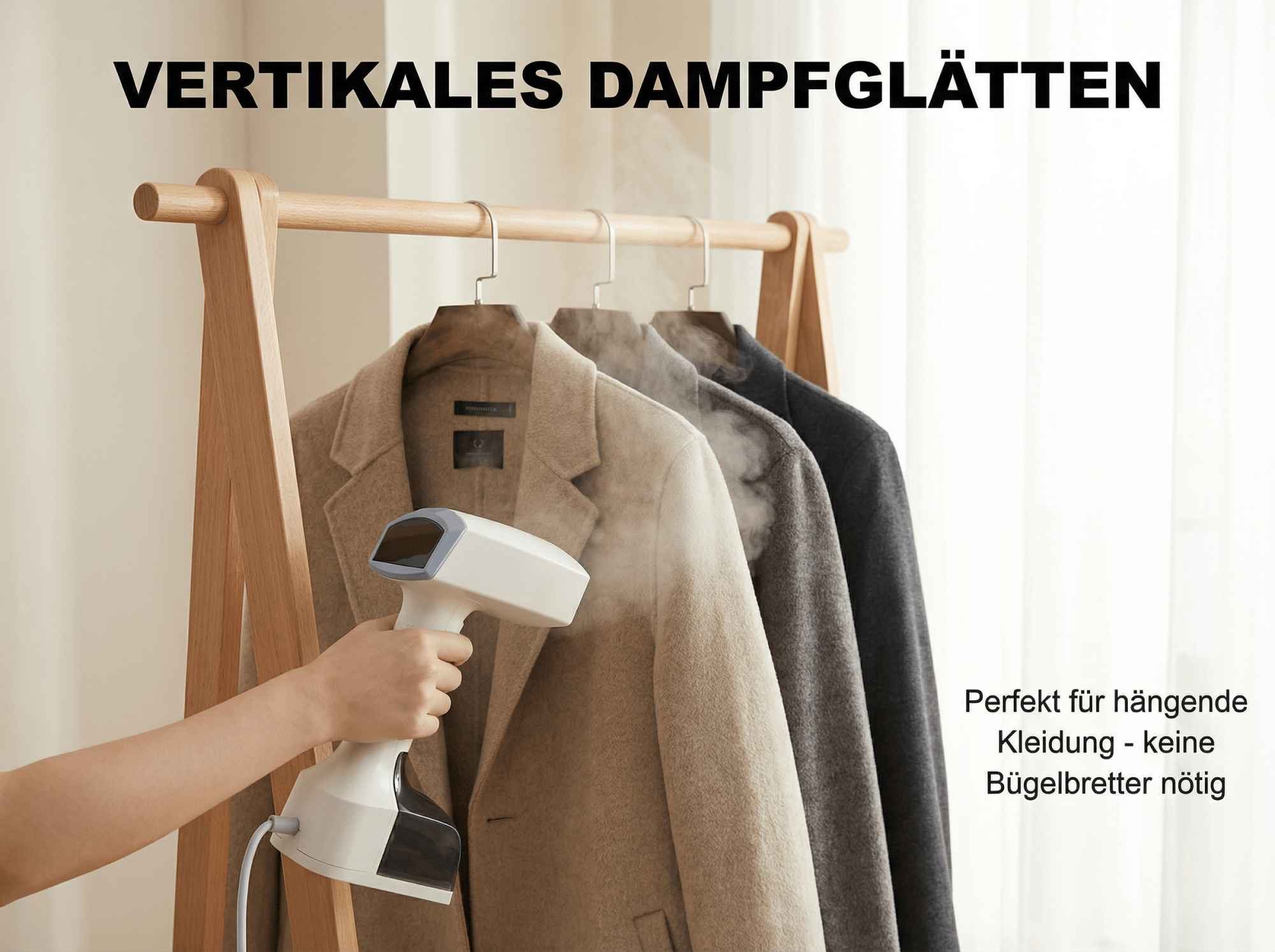 Hand hält Dampfglätter für Jacken auf Kleiderbügeln.