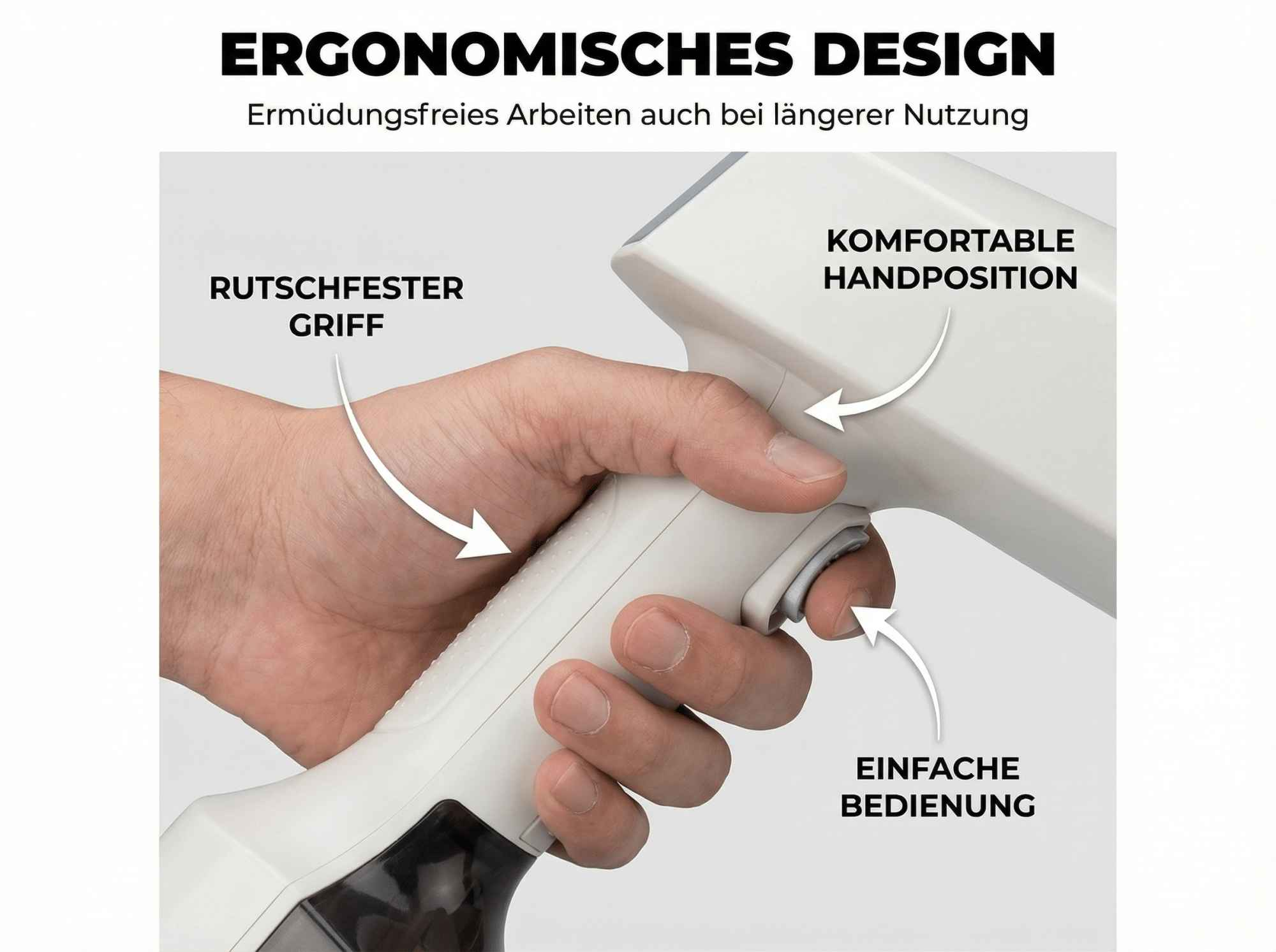 Hand hält ein weißes Gerät mit rutschfestem Griff und einfacher Bedienung.