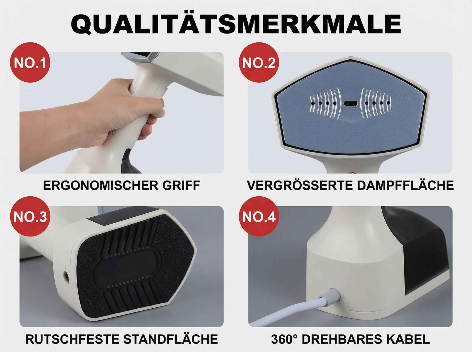 Vier Bilder zeigen Merkmale eines Dampfglätters: Griff, Dampffläche, Standfläche und Kabel.