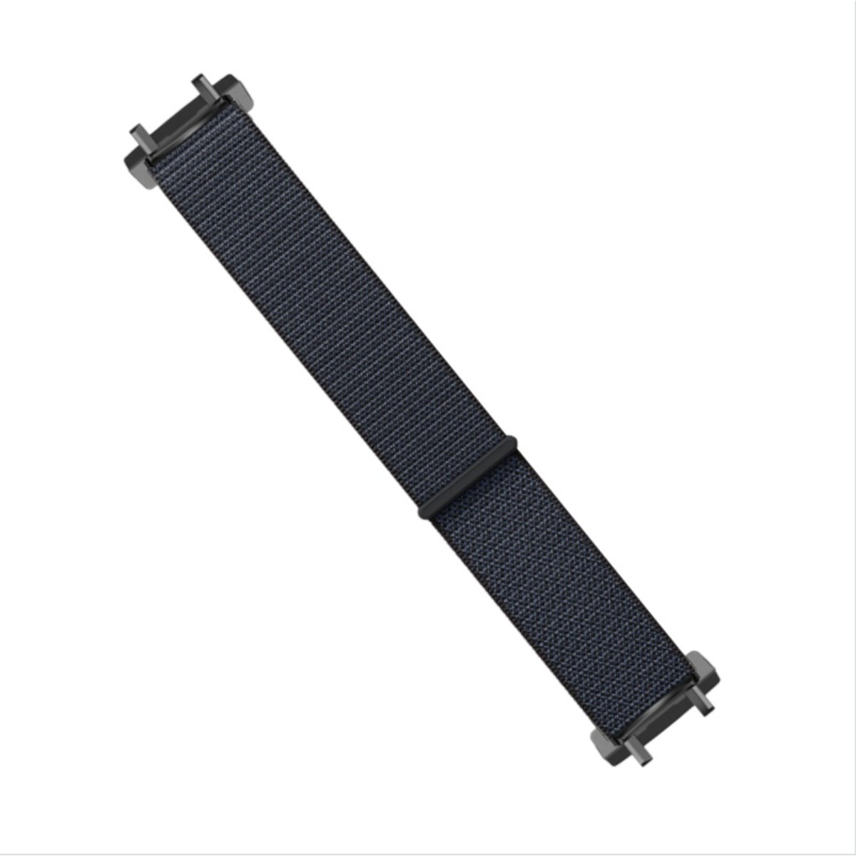 Cinturino per orologio in tessuto blu scuro con connettori argentati e passante nero.
