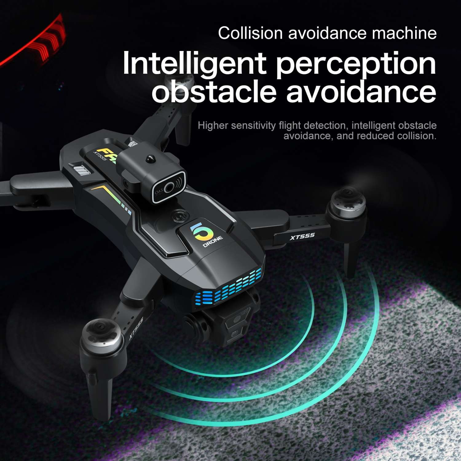 Ein schwarzer Drone mit blauen Lichtern und Sensoren schwebt über einer Textur.
