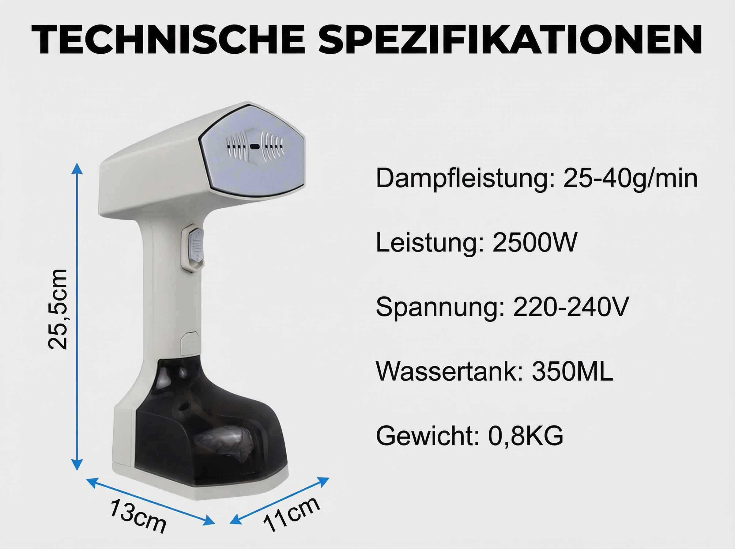 Dampfbügeleisen: 25,5cm hoch, 13cm breit, 11cm tief.