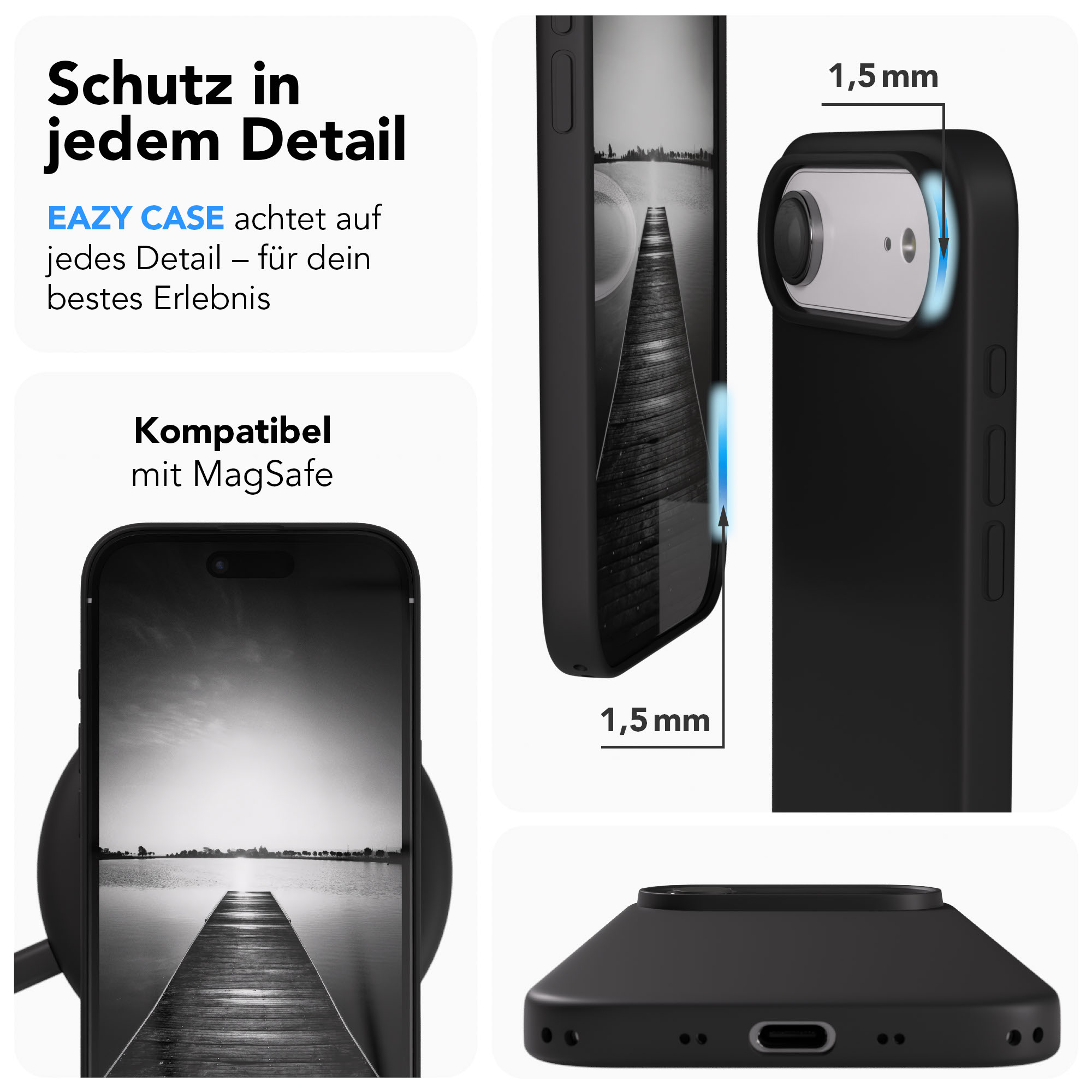Schwarze Handyhülle mit erhöhten Kanten. Kompatibel mit MagSafe.