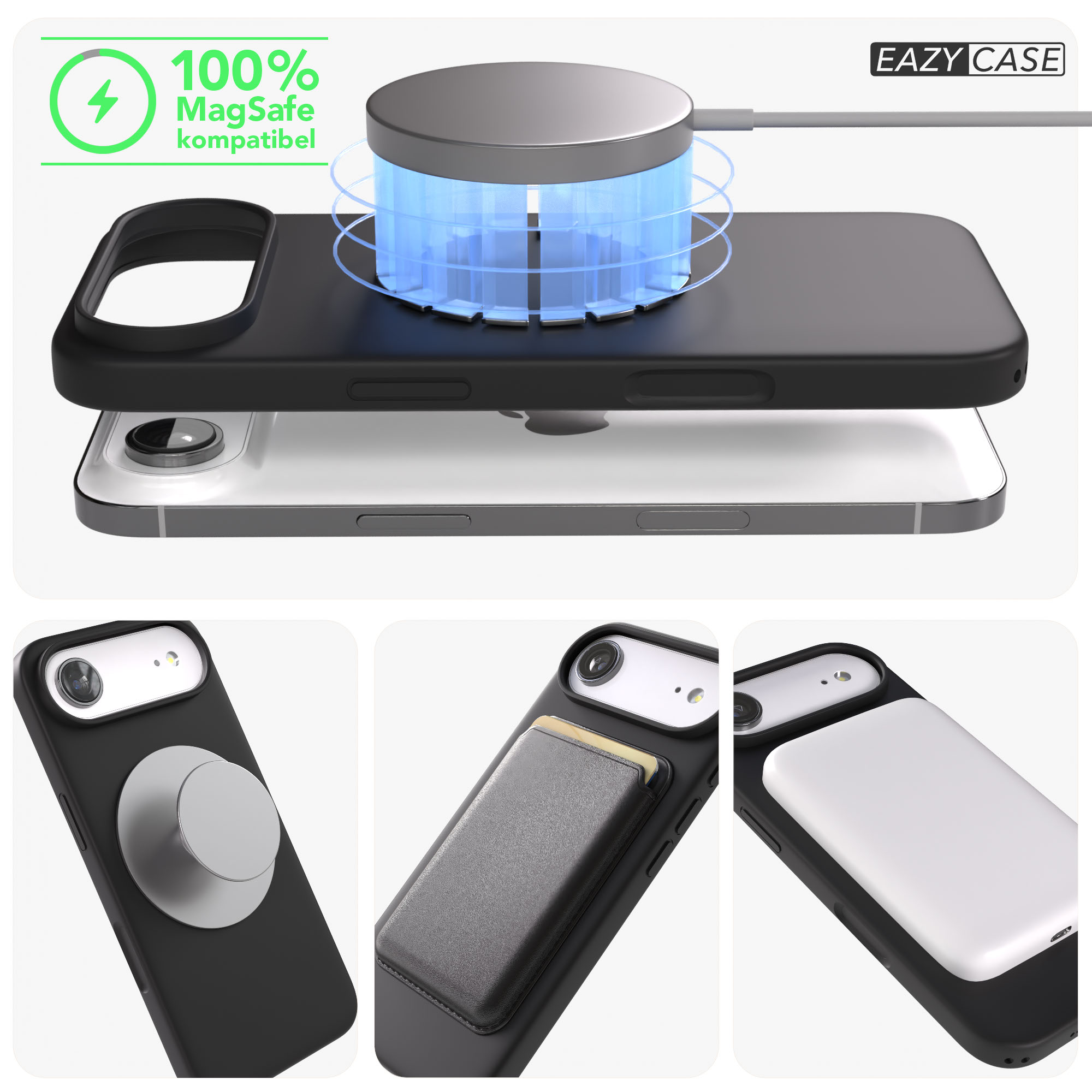 Ein schwarzes iPhone mit MagSafe-Ladegerät und drei Zubehörteilen.