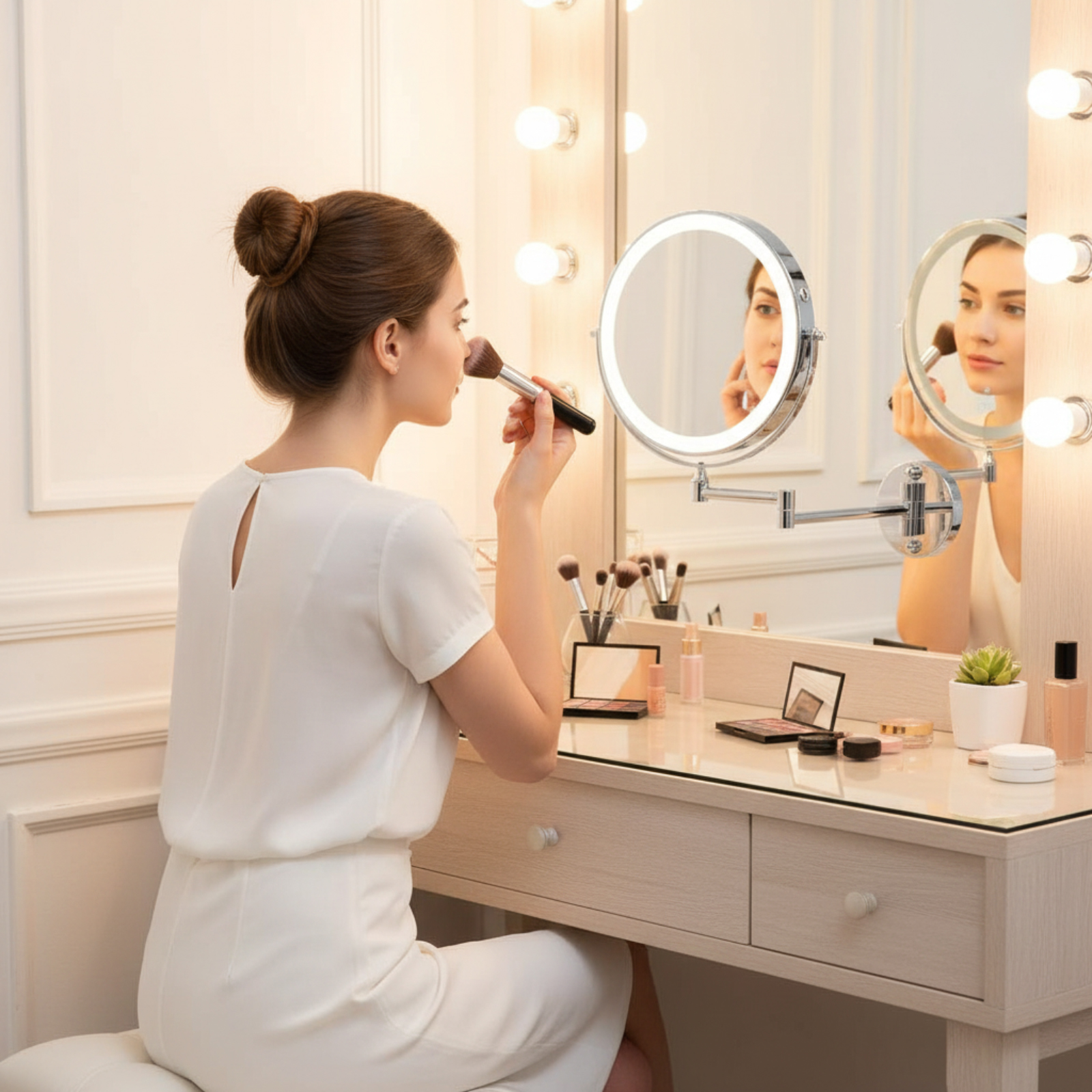 Eine Frau mit Dutt trägt Make-up mit einem Pinsel vor einem beleuchteten Spiegel auf.
