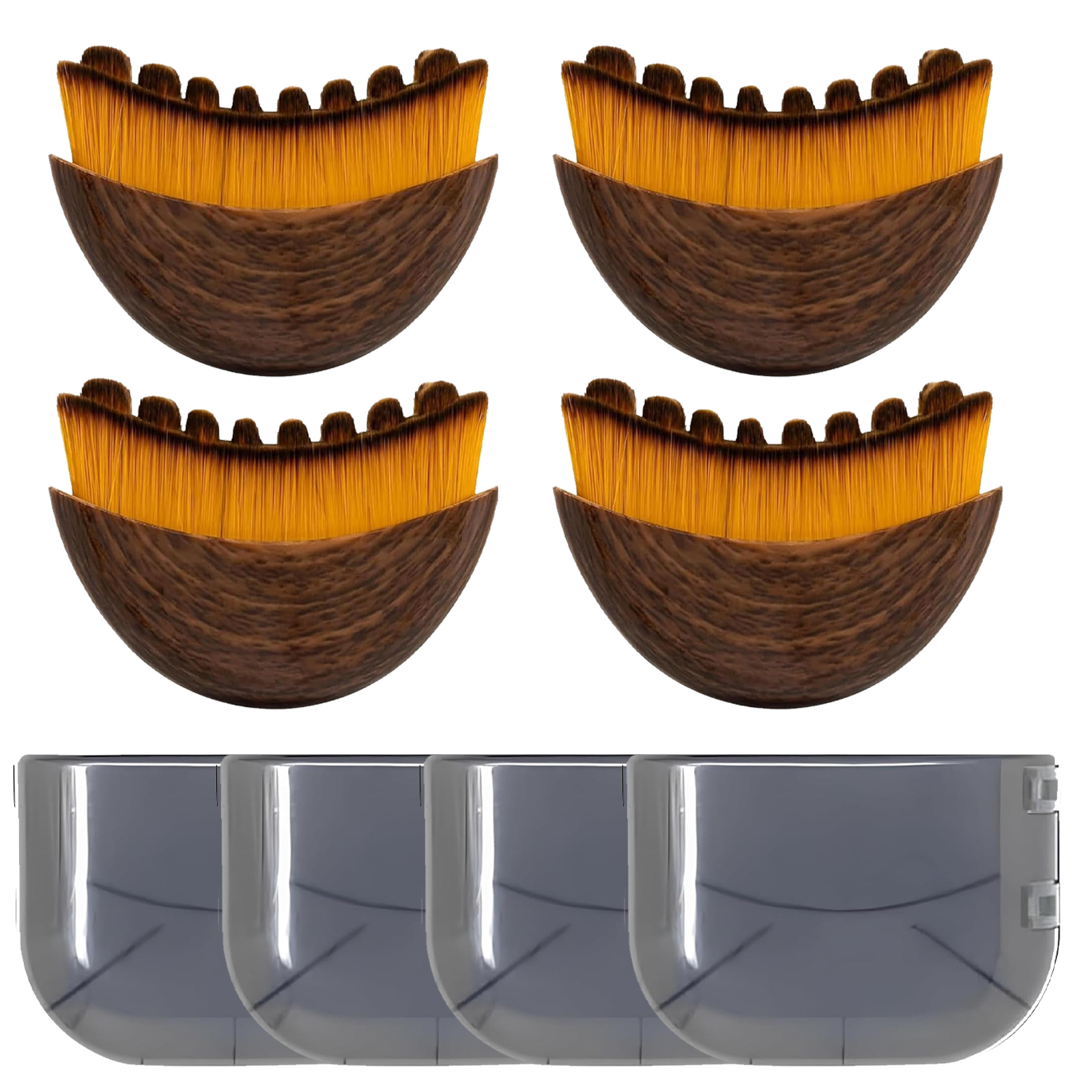 Vier Make-up-Pinsel mit Holzgriff und vier Behältern.