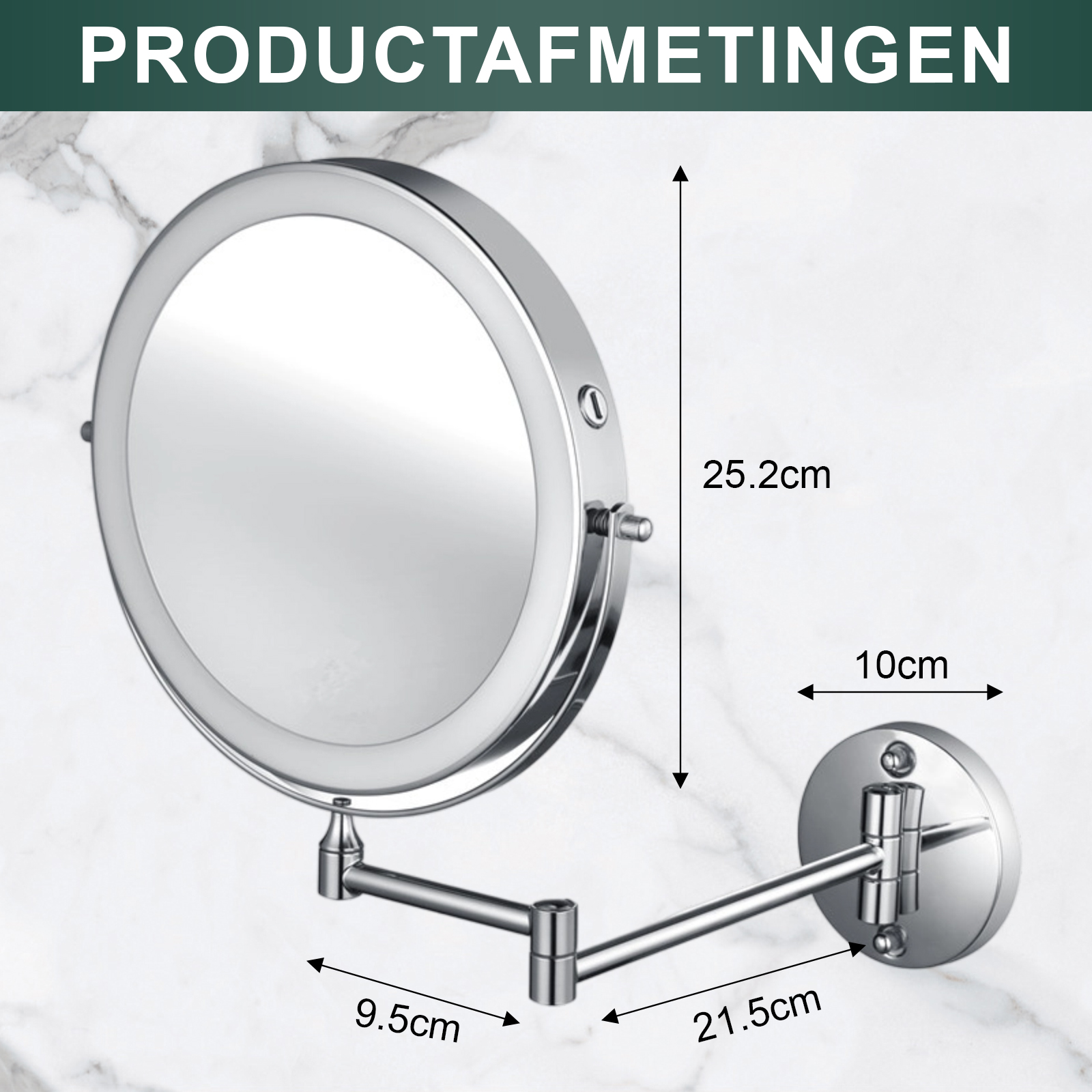Ein schwenkbarer Wandspiegel mit Maßen: 25,2cm Höhe, 10cm Breite, 9,5cm und 21,5cm Armlänge.