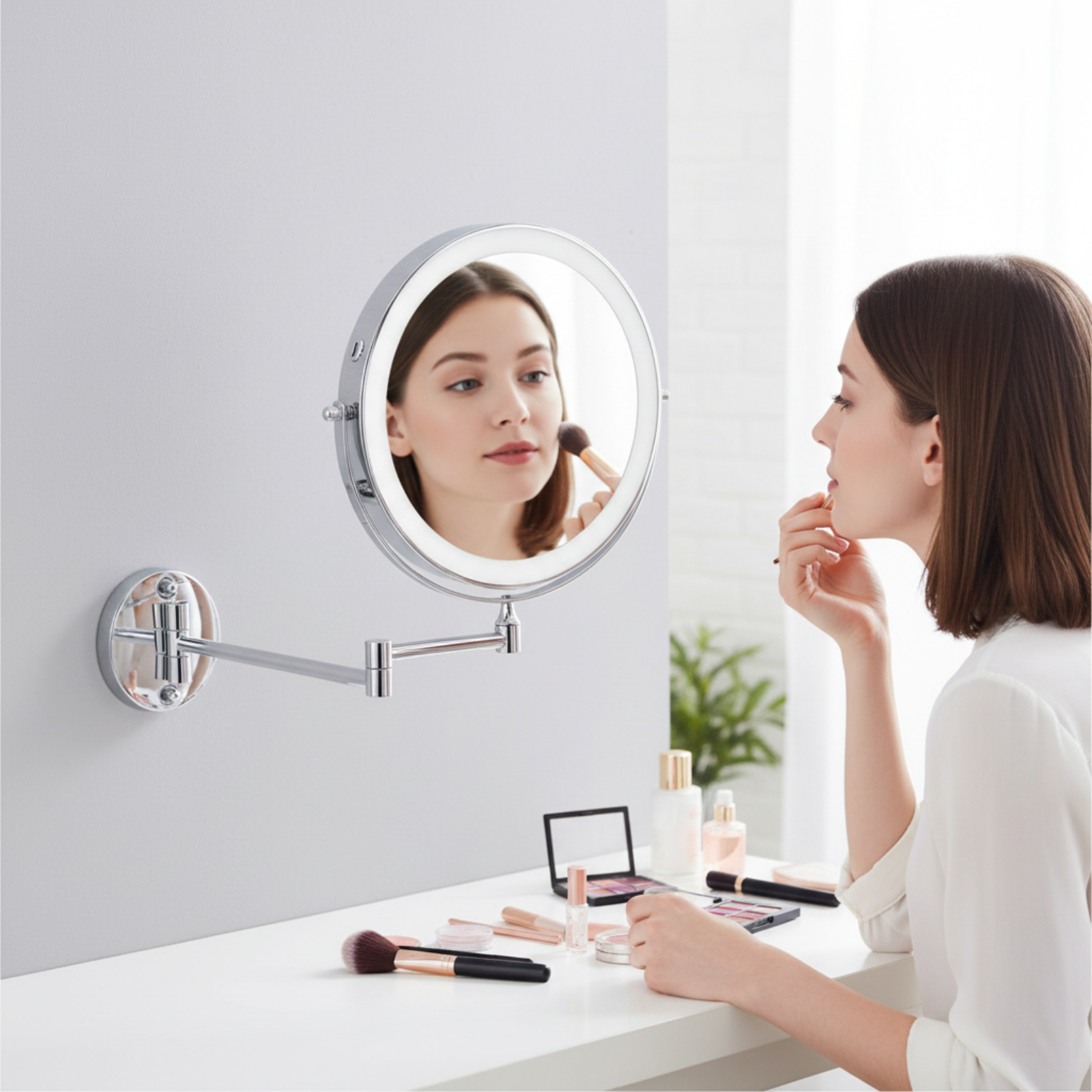Frau trägt Make-up vor beleuchtetem Spiegel auf, Kosmetik auf Tisch.