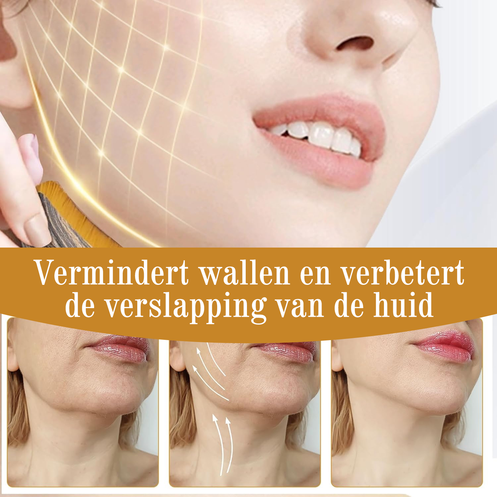 Vorher/Nachher-Gesichtsvergleich mit Hautstraffungsgrafik.