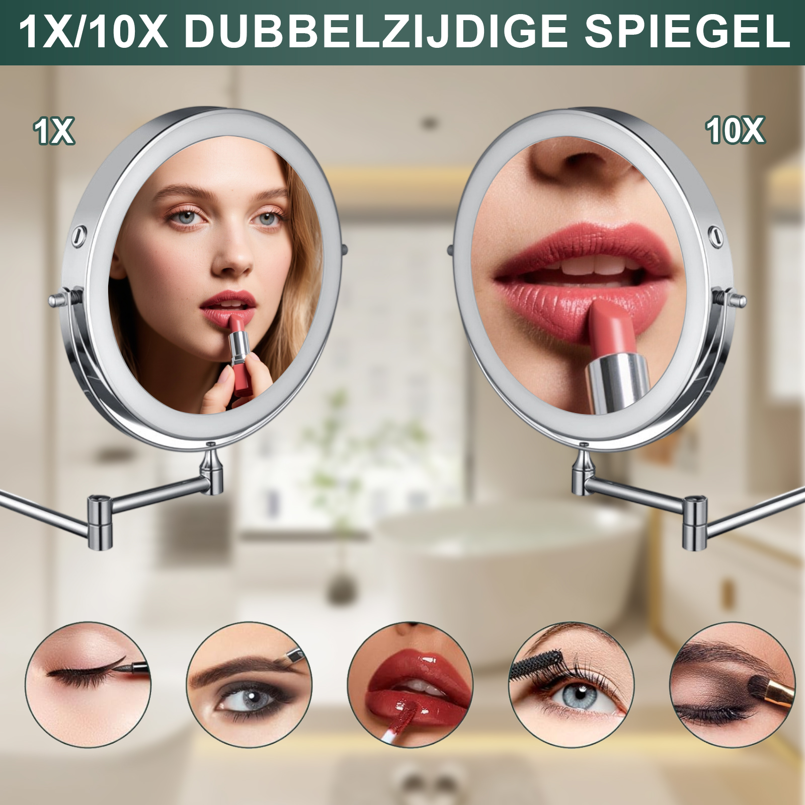 Frau trägt Lippenstift auf, 1x und 10x Vergrößerung. Kleine Bilder zeigen Make-up-Anwendungen.