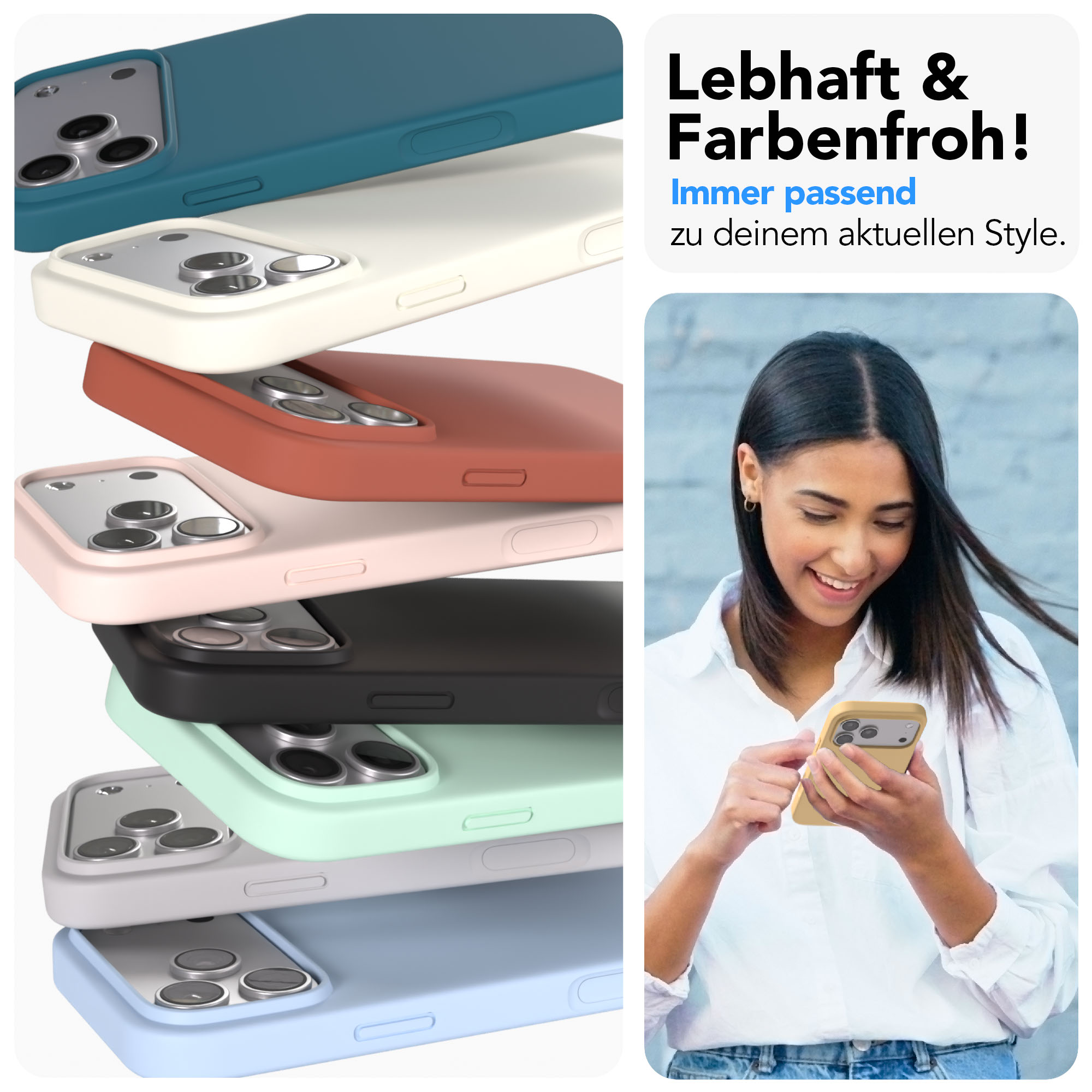 Mehrere bunte Handyhüllen stapeln sich, eine Frau hält ein Smartphone.