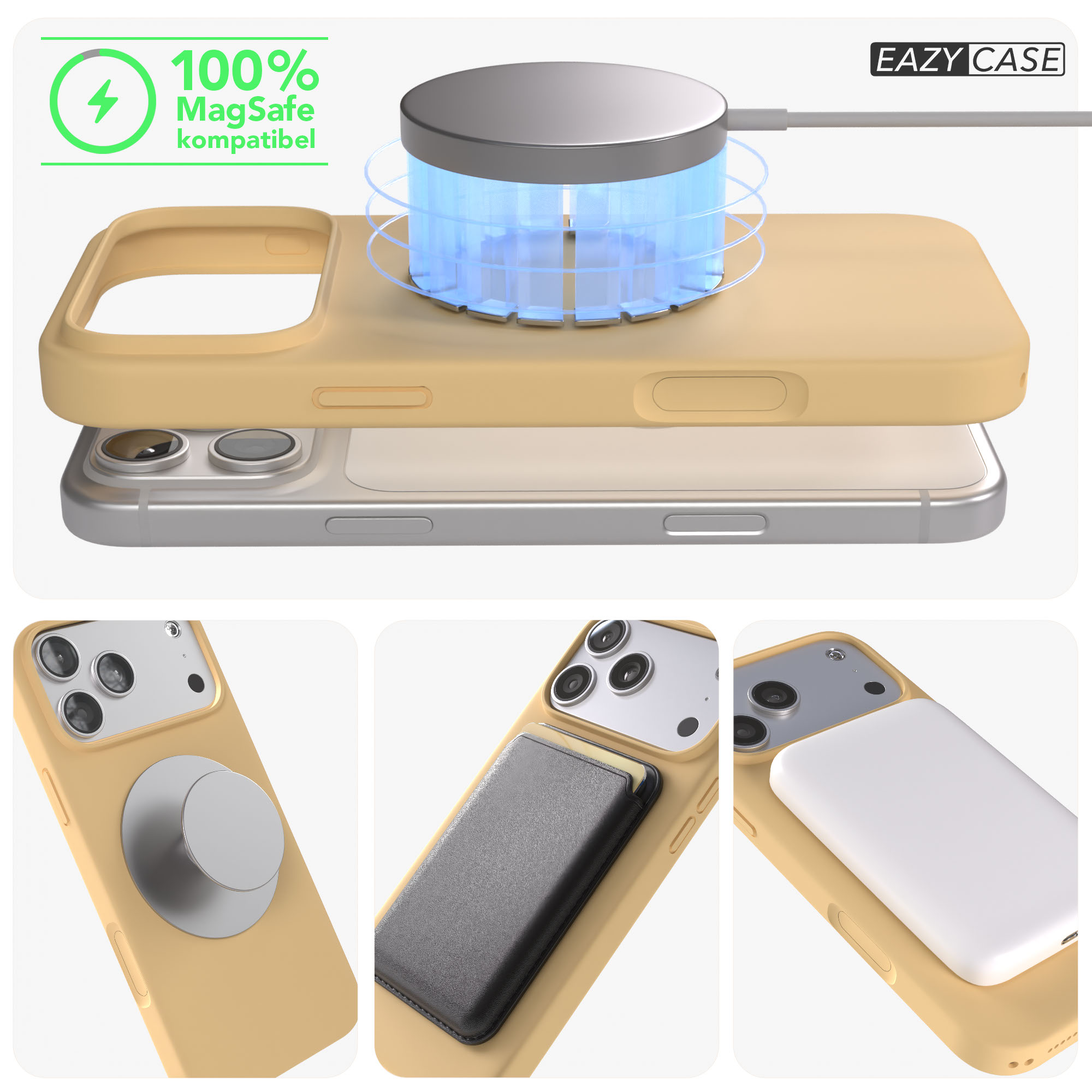 Ein gelbes Handycover mit MagSafe-Ladegerät, Griff und Kartenhalter.