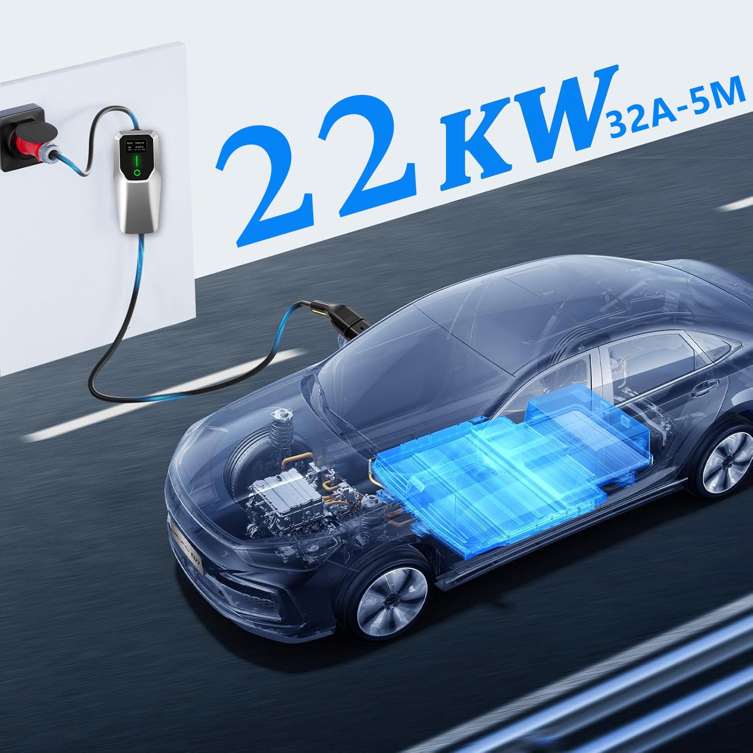 Un coche eléctrico se está cargando; batería y motor visibles. 22KW.