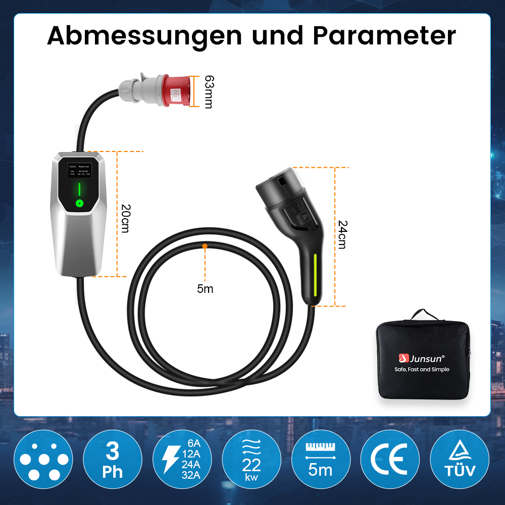 Ladegerät mit Kabel, Stecker, Tasche und Spezifikationen: 3 Phasen, 6-32A, 22kW, 5m.