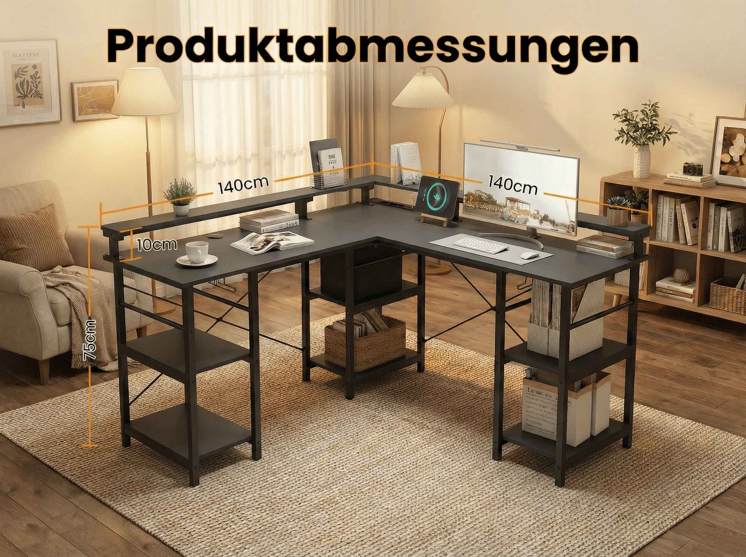 Schwarzer Eckschreibtisch mit Regalen und einem Monitor, Maße sind angegeben.