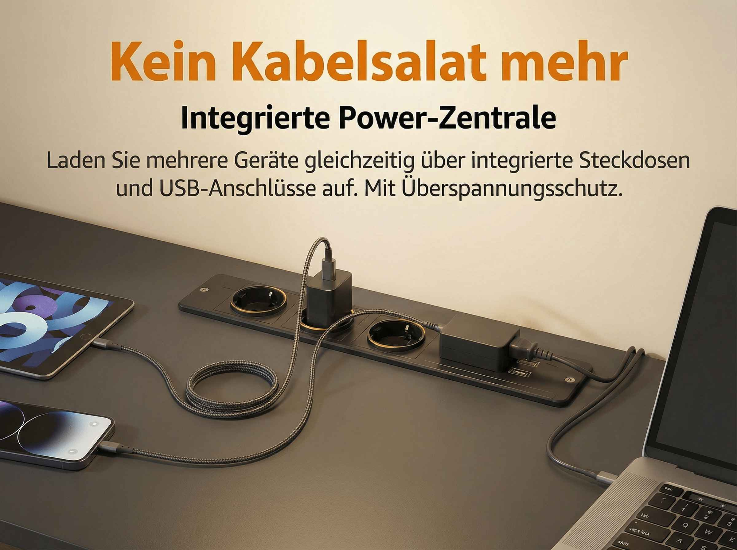 Integrierte Power-Zentrale mit Steckdosen und USB-Ports lädt Geräte.