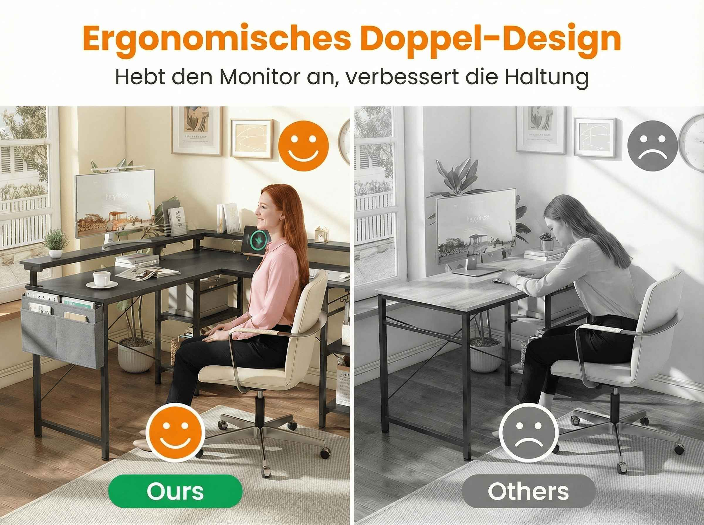 Vergleich: Ergonomischer Schreibtisch mit lächelndem vs. traurigem Smiley.