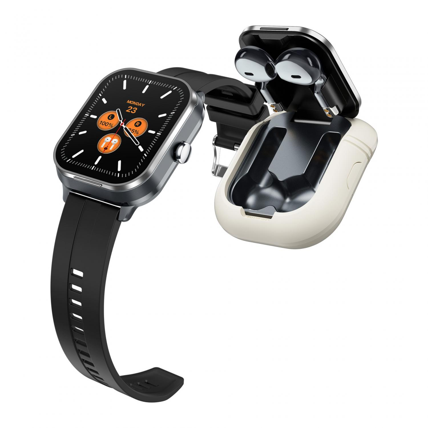 Ein schwarzes Smartwatch-Armband und ein cremefarbener Ladecase mit weißen Ohrhörern.