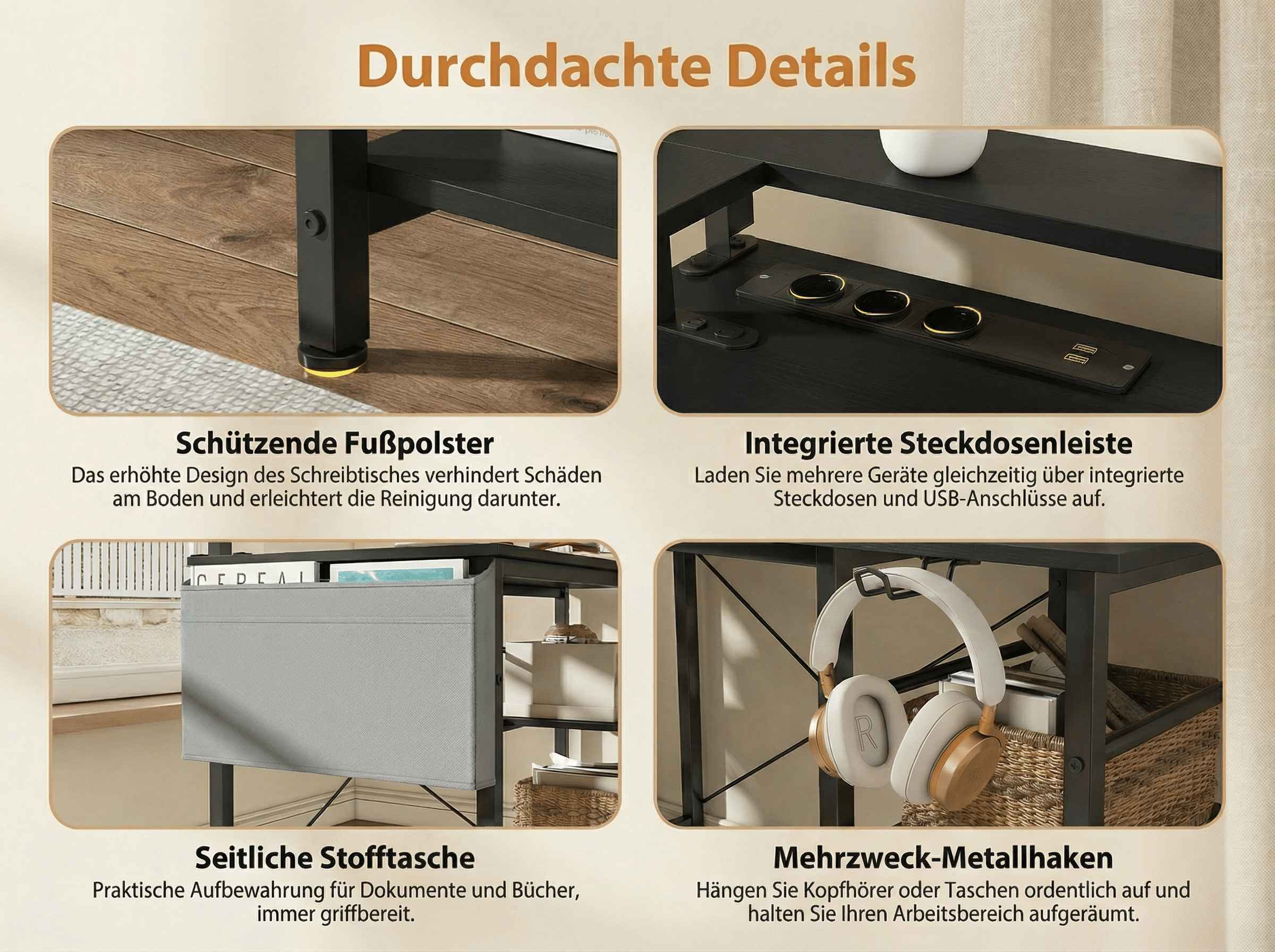 Vier Details eines Schreibtisches: Schutzfüße, Steckdosenleiste, Stofftasche, Kopfhörerhaken.